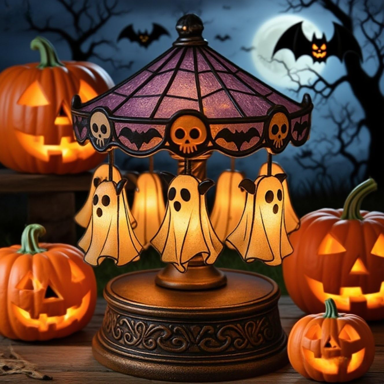 Ghost Carousel Lights, Halloween Ghost Carousel Night Light Decor, Night Light USB Rechargeable, Antique Copper Base & Purple Stained Glass, for Indoor Home Party Kitchen Table image number 4