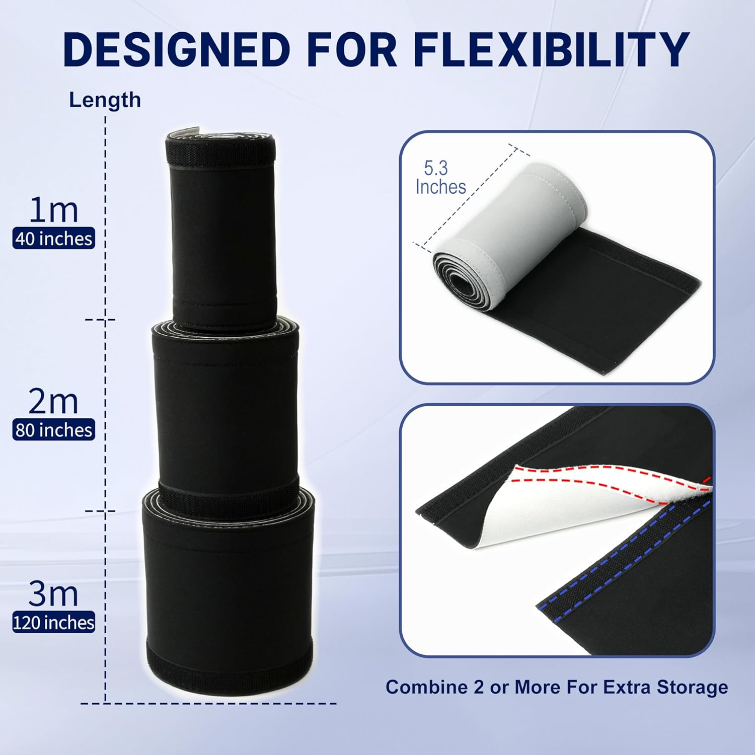 Cable Management Sleeves (12 Pack Straps Included) Neoprene Cord Organizer for TV USB PC Computer Network Wires (120 Inches) DIY by Yourself, Adjustable Black and White Reversible Wire Hider image number 4