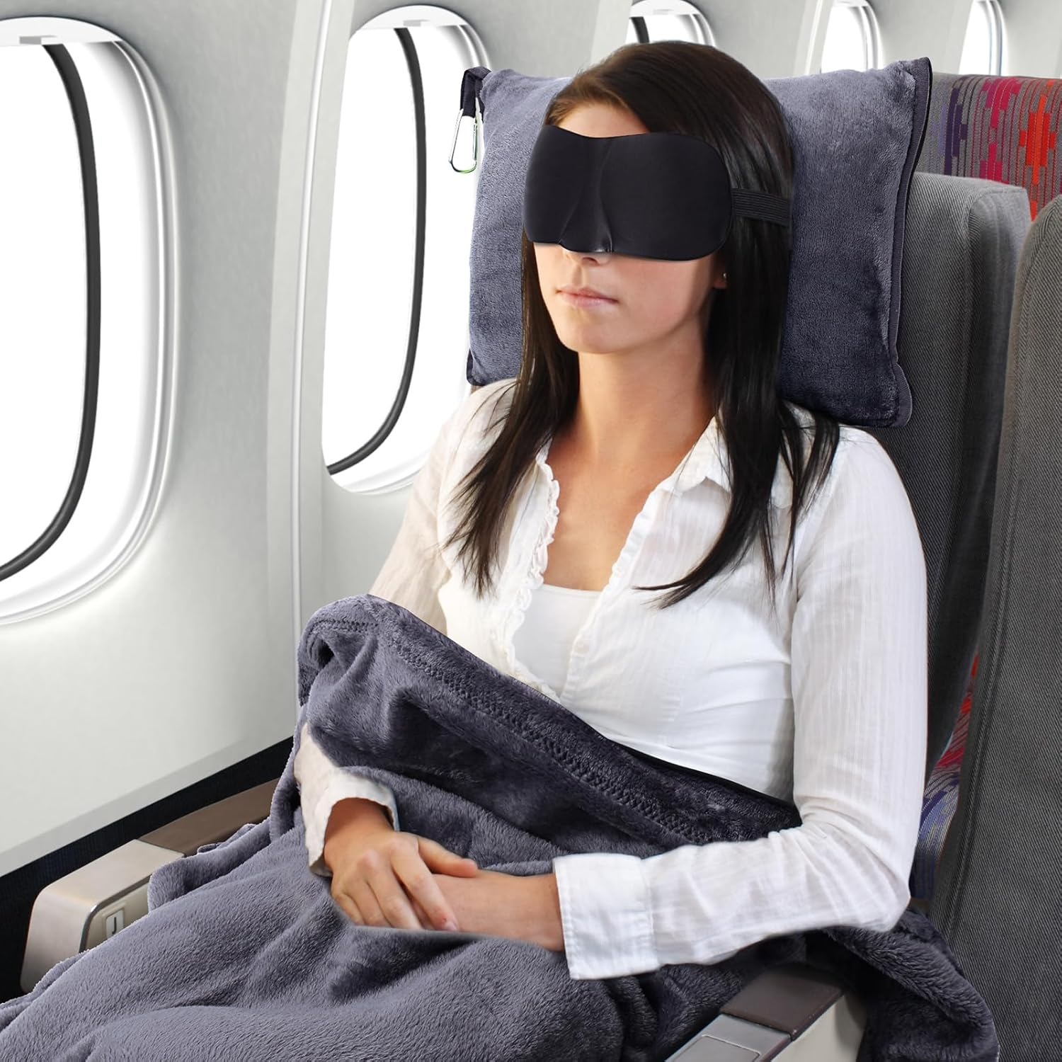 DAWNTREES 2 Pack Travel Blanket and Pillow - Travel Essentials Gifts on Airplane, Camping, Car, 2 in 1 Airplane Blanket with Soft Bag Pillowcase, Hand Luggage Sleeve and Backpack Clip. (Grey+Pink) image number 5