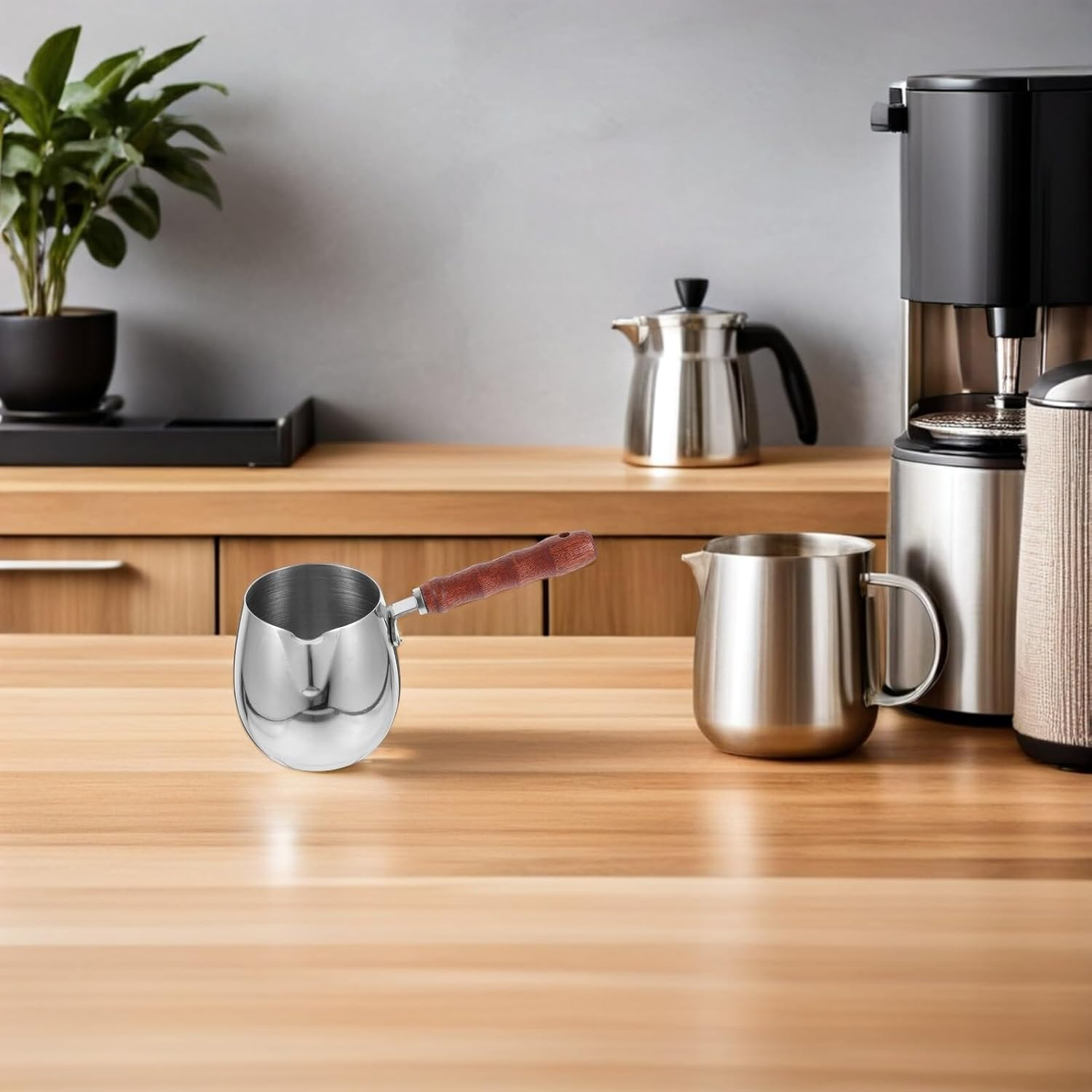 SEWACC 2Pcs Stainless Steel Turkish Coffee Pot with Wooden Handle 300Ml, Milk Warmer and Espresso Pot for Household and Camping Use, Small Coffee and Butter Melting Kettle image number 3