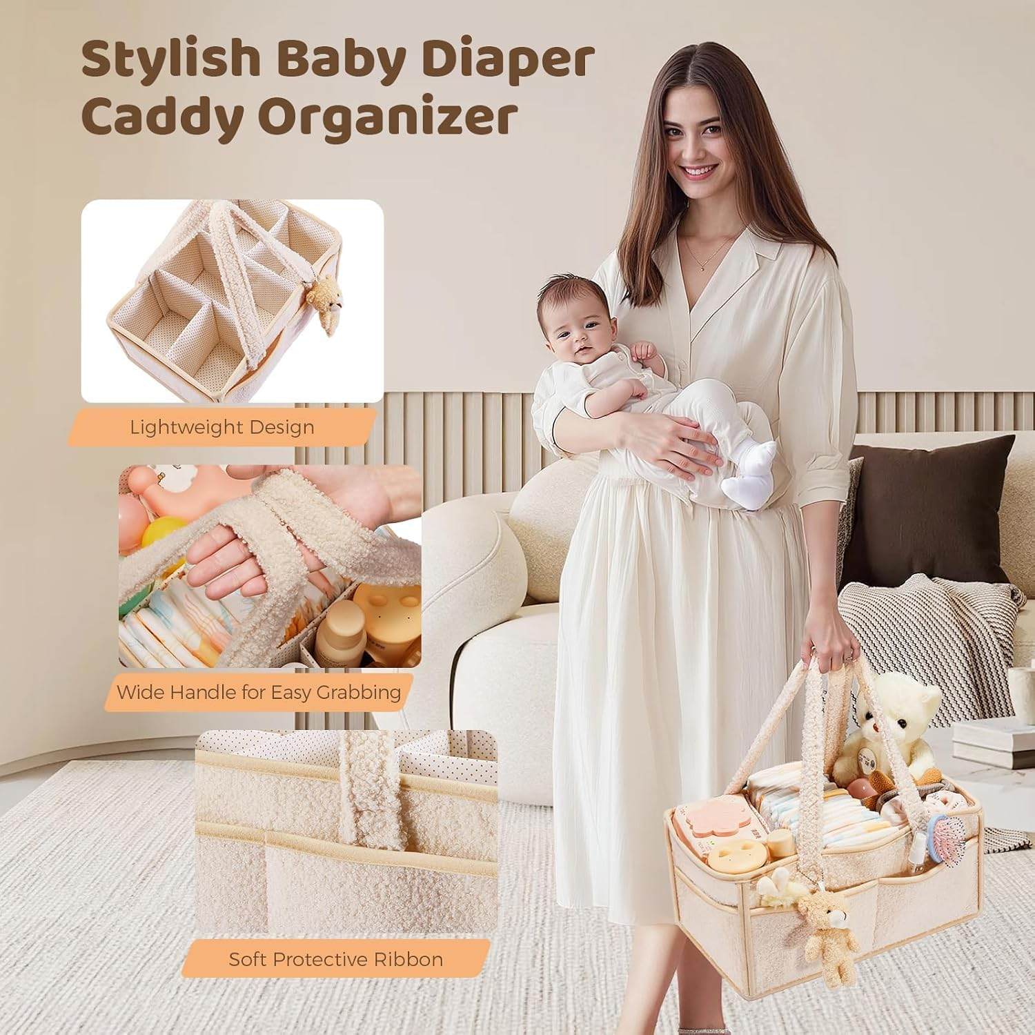 Baby Diaper Caddy Organizer, Foldable Nursery Tote Storage Bin Portable Car Travel Organizer Toys Storage Bag for Diapers and Baby Wipes,Soft Nursery Storage Bin image number 2