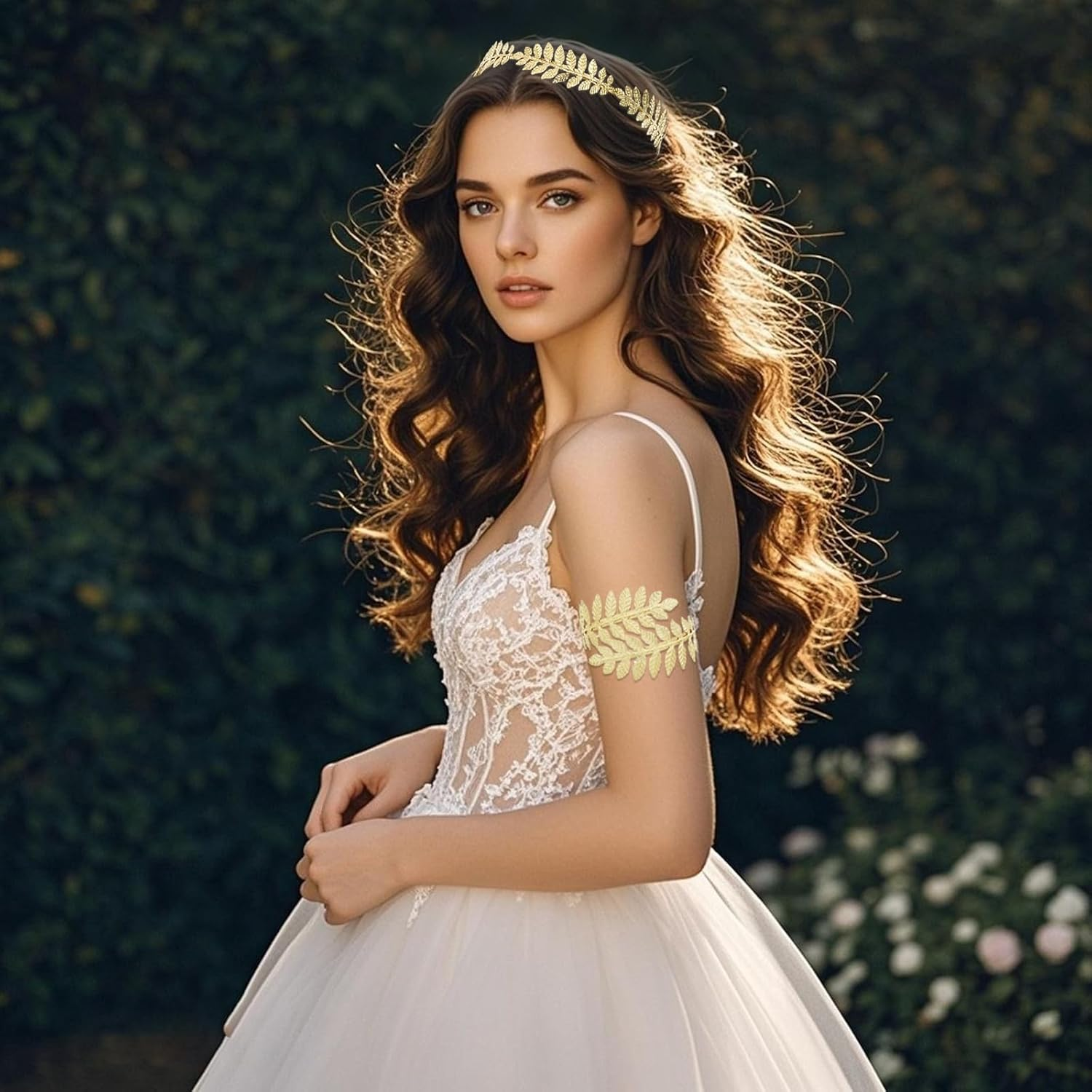 2Pcs Greek Goddess Headband Arm Cuff Bridal Jewelry Set Roman Leaf Branch Crown Upper Arm Band Bracelet for Women image number 5