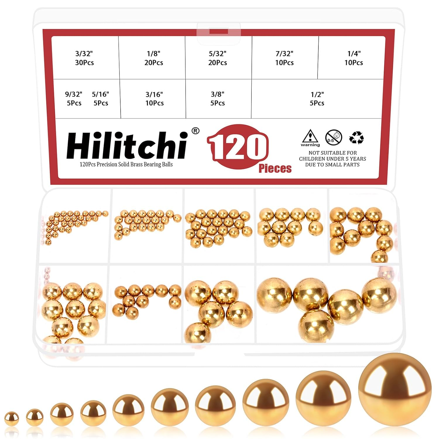 Hilitchi 120-Piece 10-Size Brass Bicycle Bearing Ball Assorted Set, SAE Precision Solid Bearing Balls, Industrial Brass Spheres for Mechanical Equipment & Automotive Applications image number 1