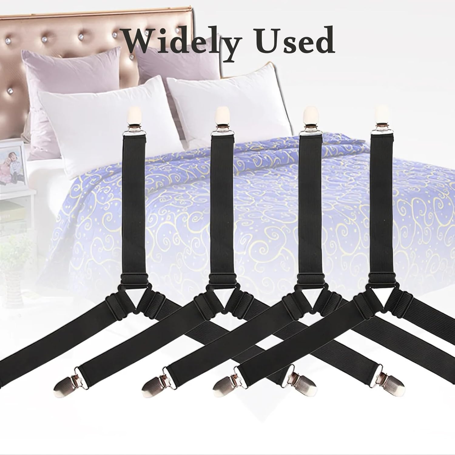 Premium Bed Sheet Straps Set 4 PCS, Adjustable Fitted Sheet Holders in Black, Durable Elastic Nylon with Nickel-Plated Clips, Suitable for Most Bed Types, Keep Sheets Securely in Place