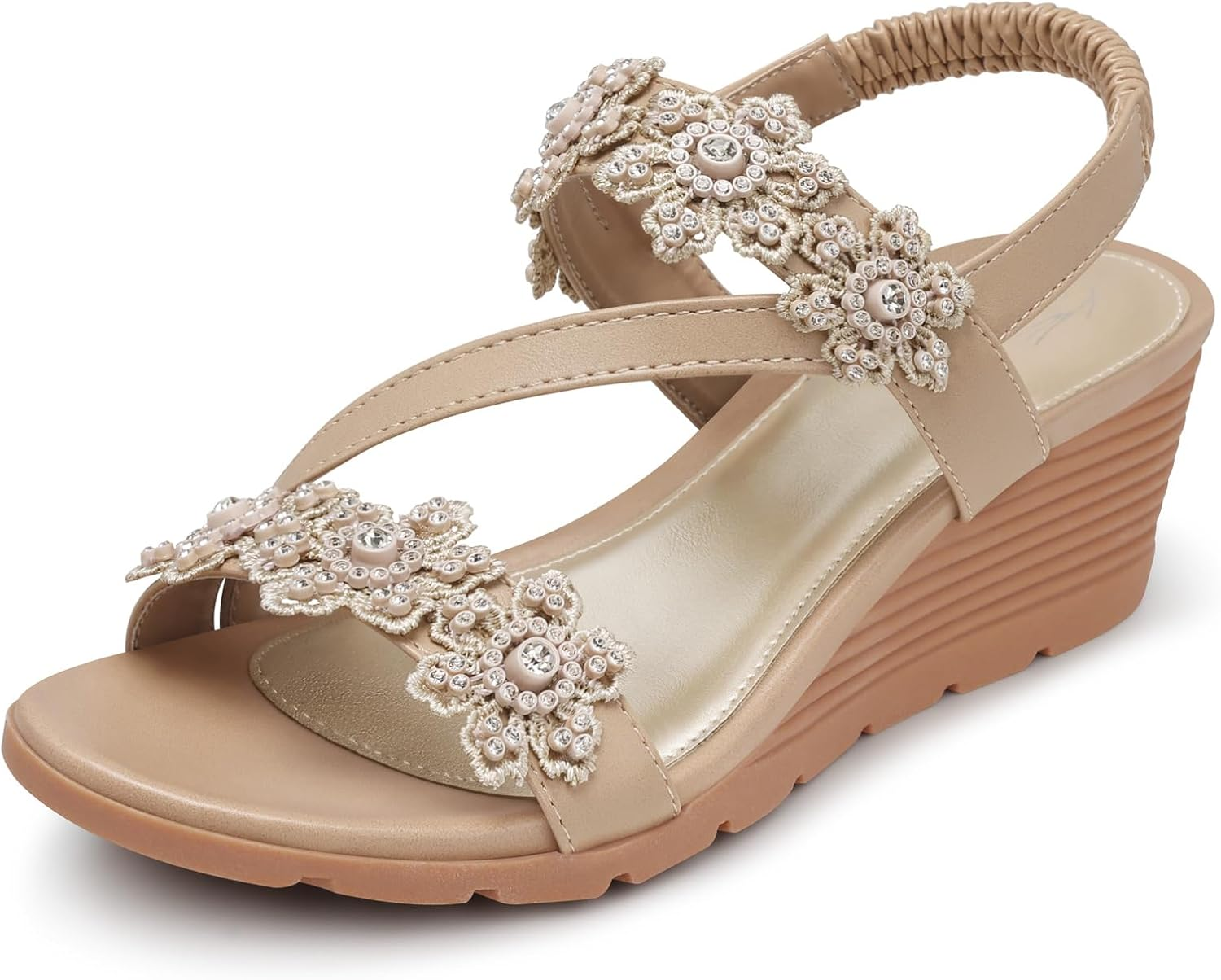 SHIBEVER Womens Sandals Wedge Summer: Elastic Ankle Strap Open Toe Wedge Sandal - Dressy Sandals Women - Comfortable Flower Bohemia
