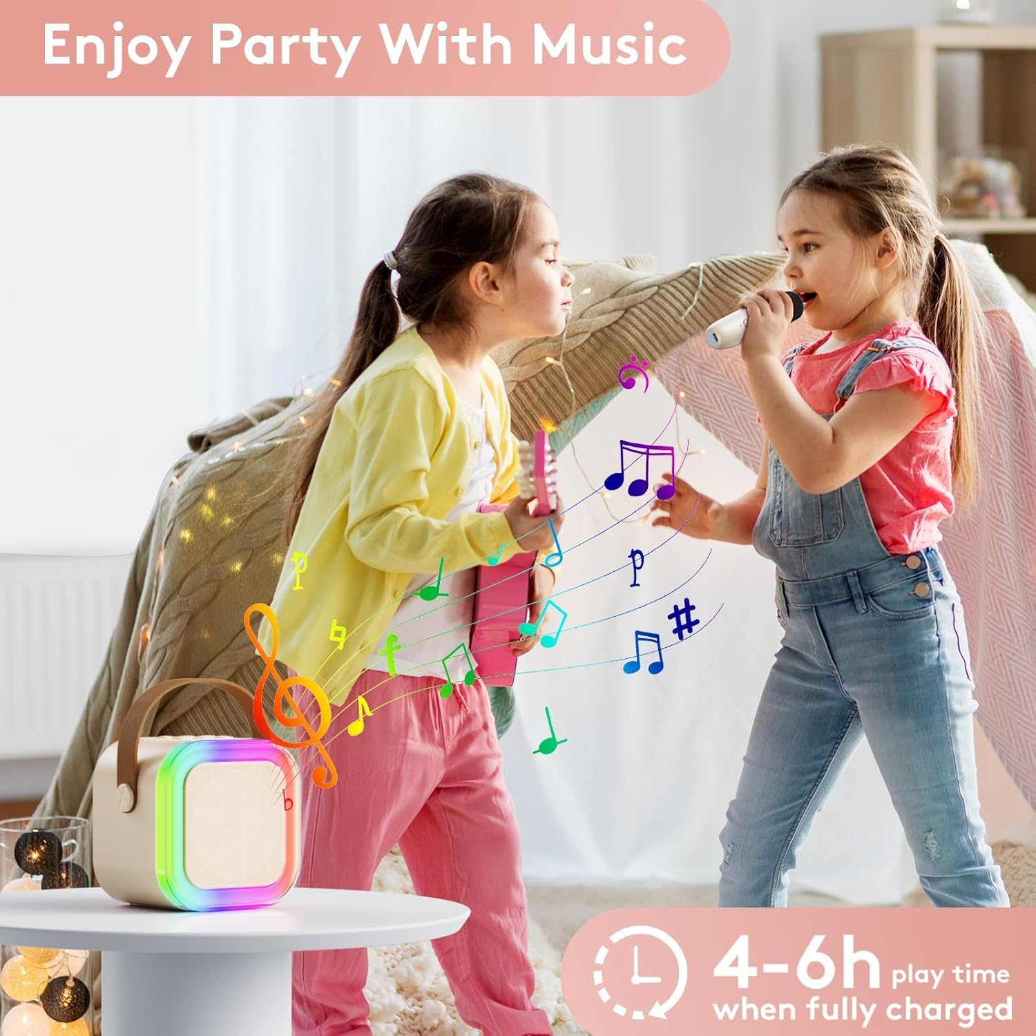 Mini Karaoke Machine for Kids and Adults, Kids Toy Gifts Karaoke Microphones, Portable Bluetooth Speaker with 2 Wireless Mics, Karaokee with LED Lights for Home Party Birthday (Beige) image number 3