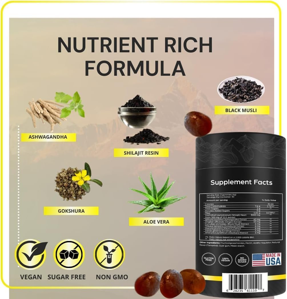 Shilajit Gummies 3000Mg | Pure Himalayan Source with Ashwagandha & Gokshura | Contains Fulvic Acid | No Added Sugar | Non-Gmo | 60 Gummies image number 5