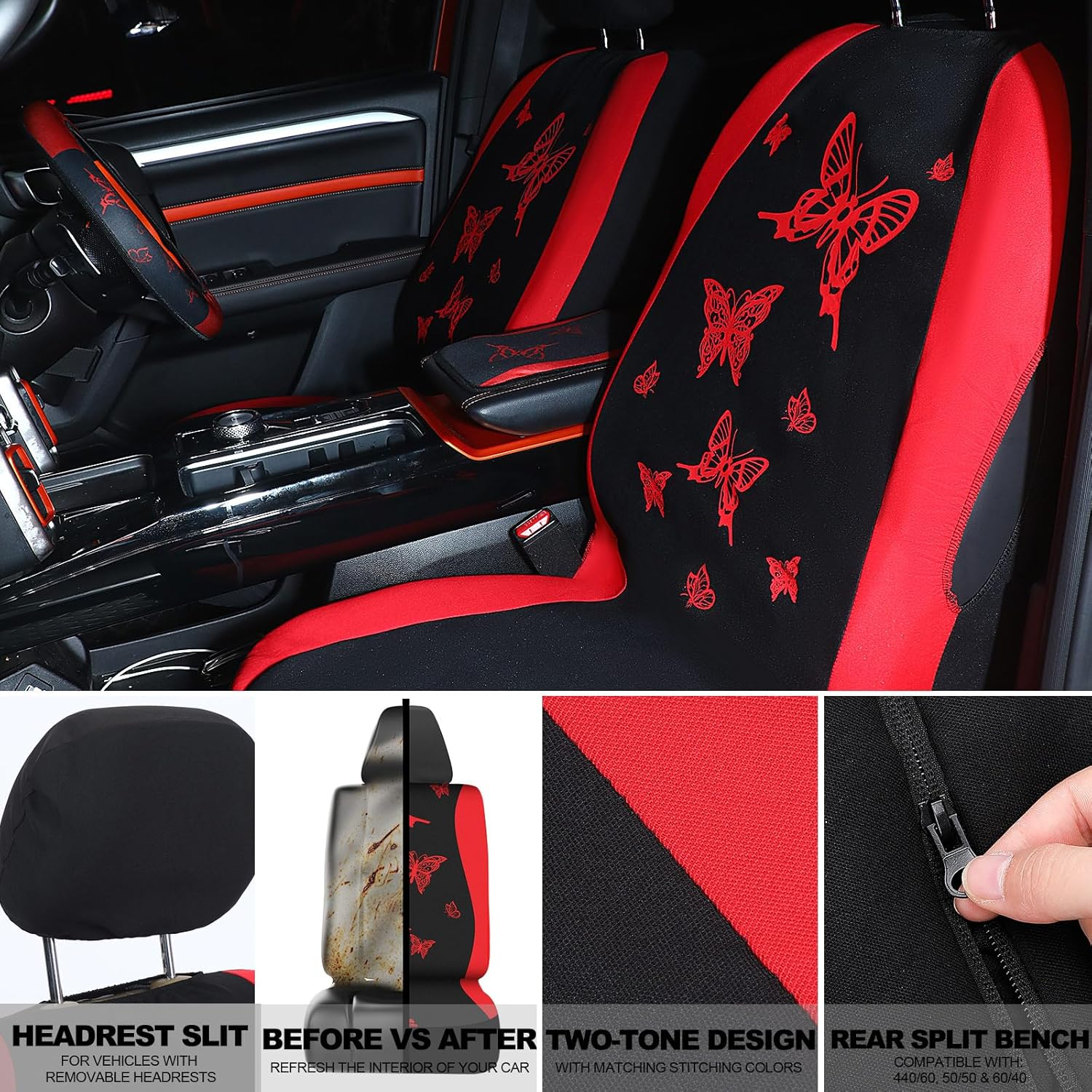 BBTO 43 Pcs Butterfly Car Seat Full Set Butterfly Car Accessories for Women 5 Front Rear Seat Covers Wrist Strap 2 Pieces Cup Mat Armrest Pad 2 Seat Belt Cover Accessories for SUV Car (Red, Black) - As Pictures Shown image number 6