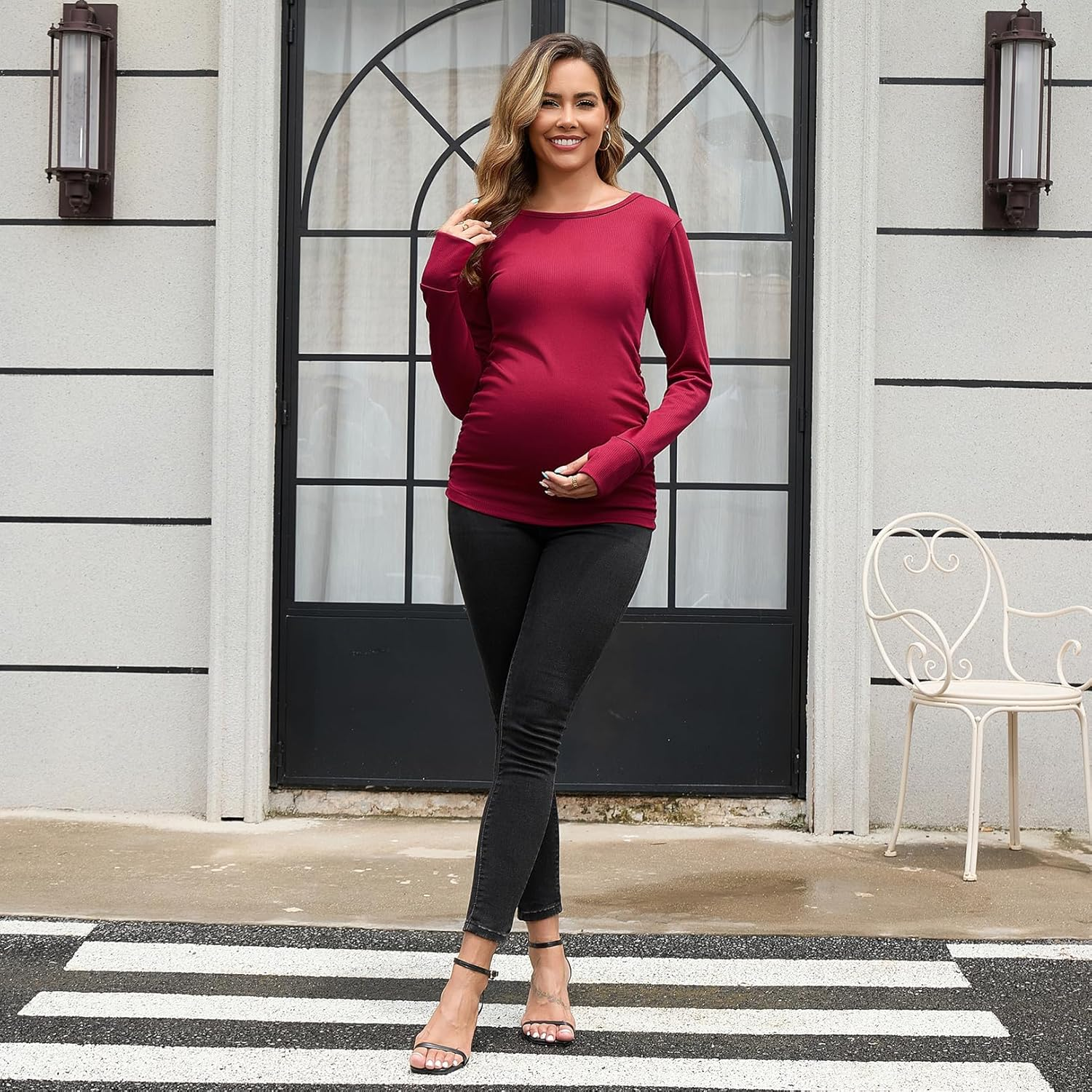 GINKANA Womens Maternity Long Sleeve Shirts Casual Slim Fitted Crew Neck Pregnancy Tops Pullover Shirts with Thumbholes image number 5