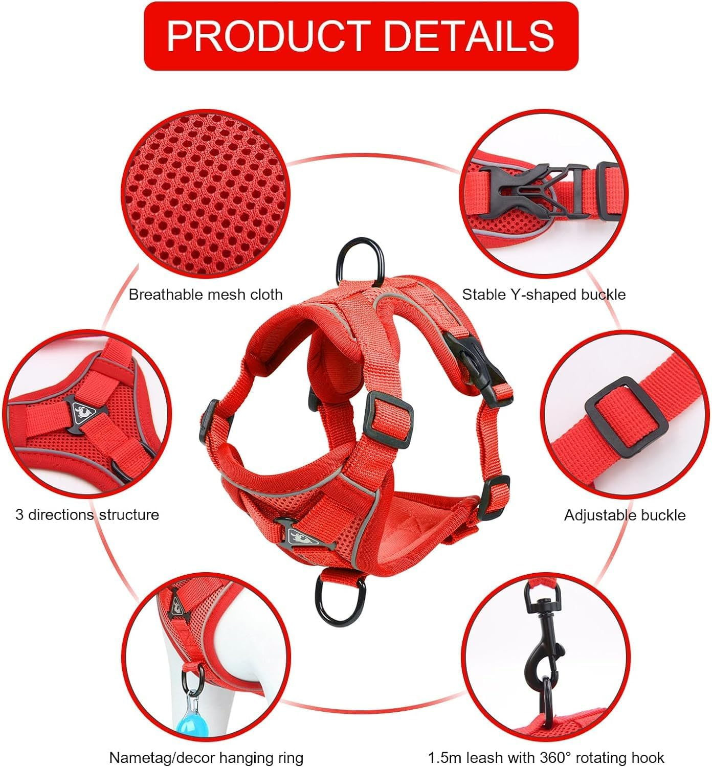 Skmeditec Cat Harness and Leash Set: Upgraded Escape Proof Vest with Lead for Large Cat Small Dog Puppy Walking, Soft Jacket Reflective Strips L Size Red image number 5
