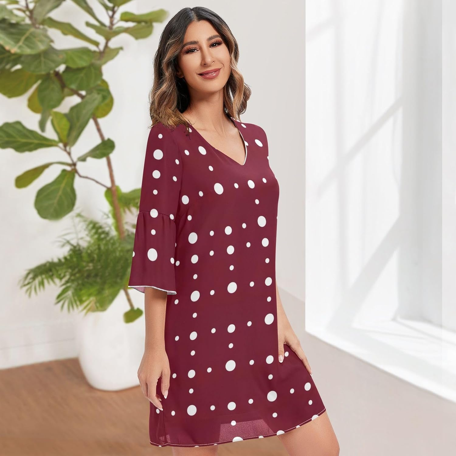 White Polka Dots Dark Red Chiffon V Neck Dress Printed Line Maternity Dress S-XXL image number 4