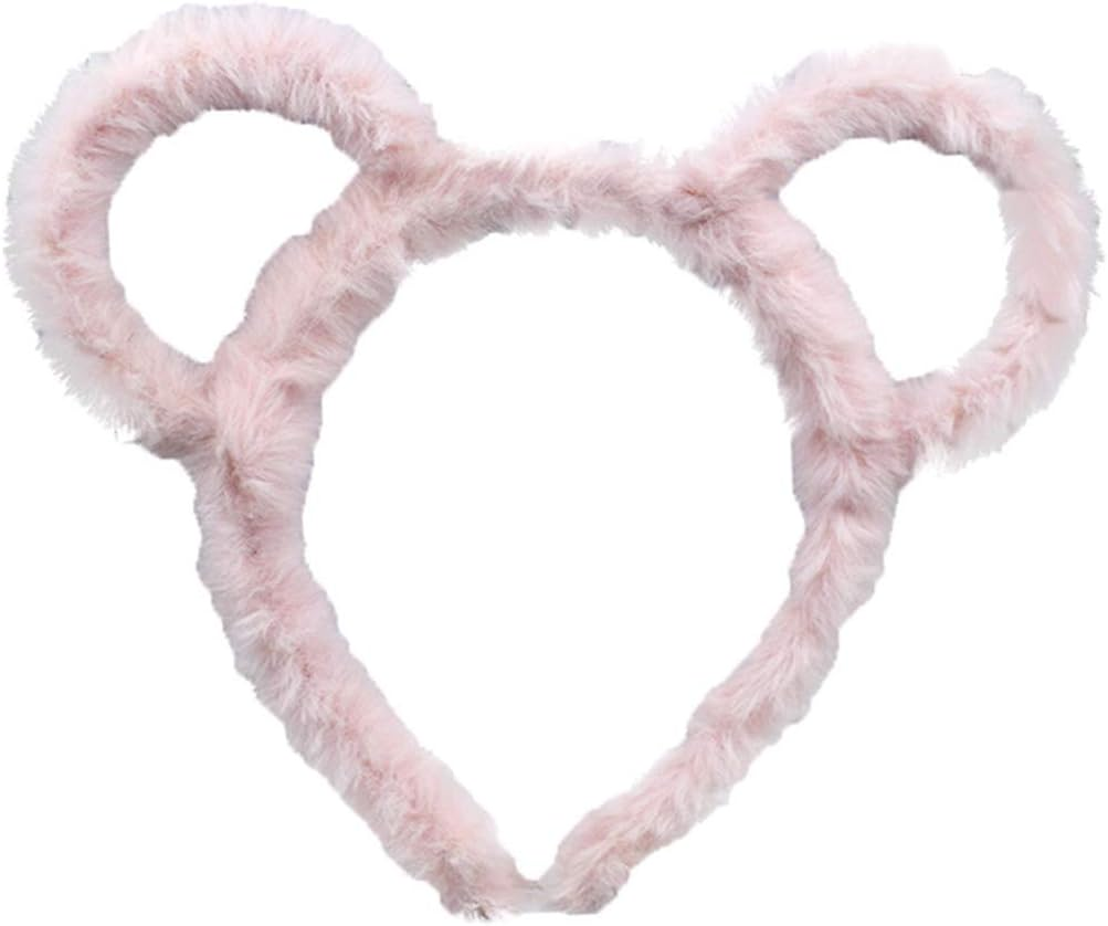 Oilmal Hair Hoop, Women Winter Thick Plush Headband round Mouse Bear Ears Makeup Hair Hoop Bandana Pink