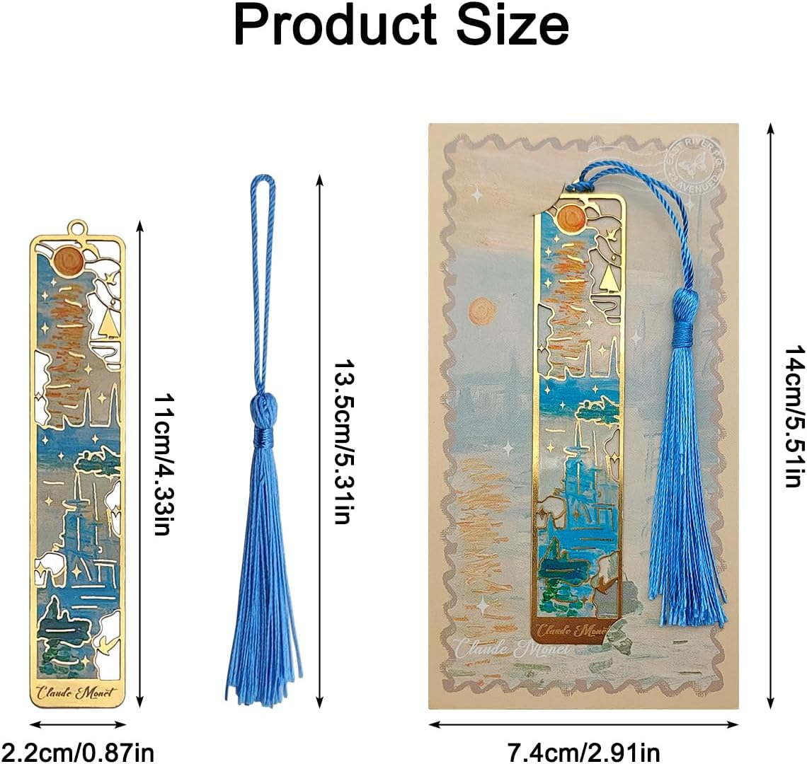 6 Pcs Metal Bookmark with Tassels, Finegood Golden Hollow Bookmarks for Women Oil Painting Book Marks for Reading Book Lovers image number 2