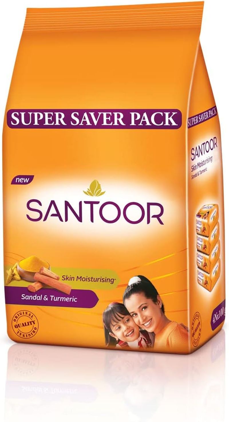 Santoor Sandal & Turmeric Soap for Total Skin Care, 100G (Pack of 4, Super Saver Pack) image number 1