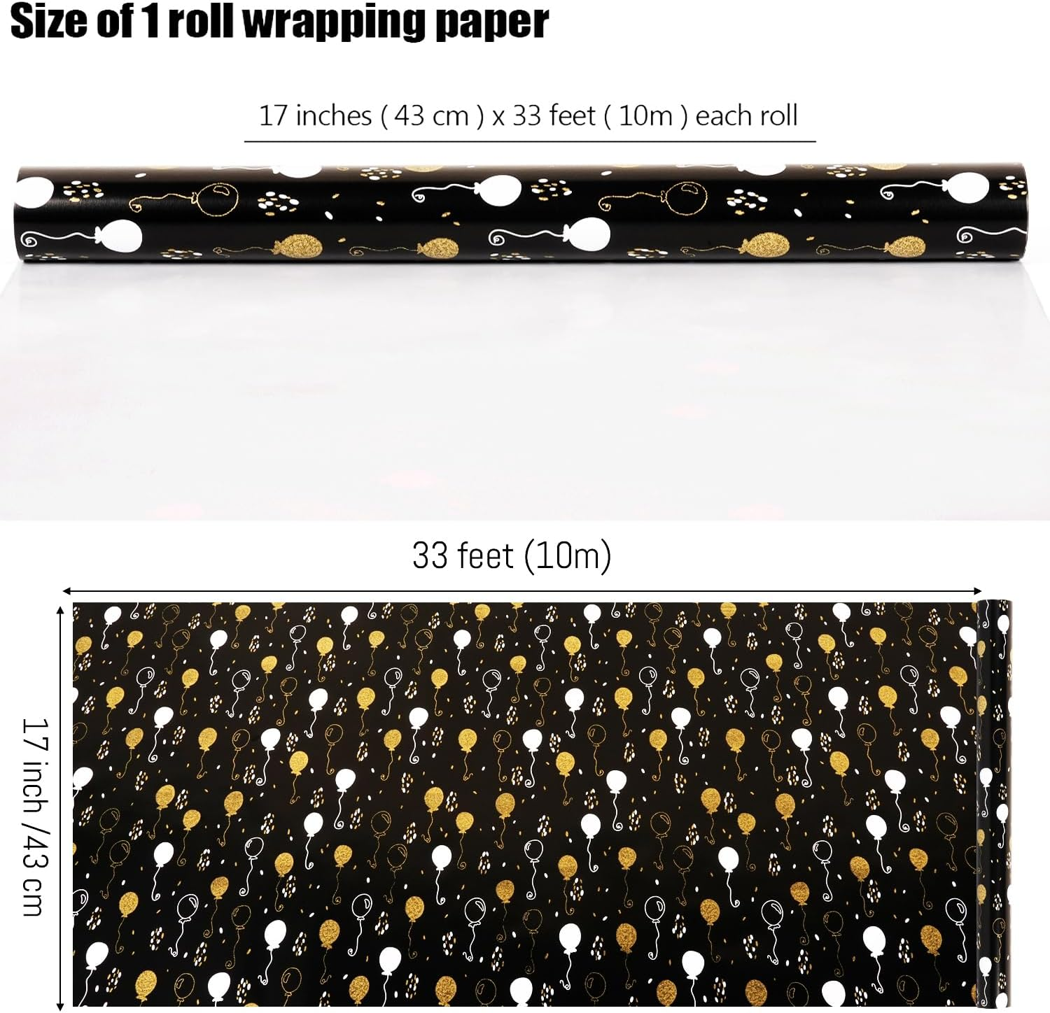 Birthday Gift Wrapping Paper Roll - Metallic Gold Black Wrapping Paper - Black Gold White Balloon Designs Gift Wrap for Birthday Baby Shower Holiday Party Decor - Mini Roll-17Inch*33Feet (Black Gold) - Colorful image number 2