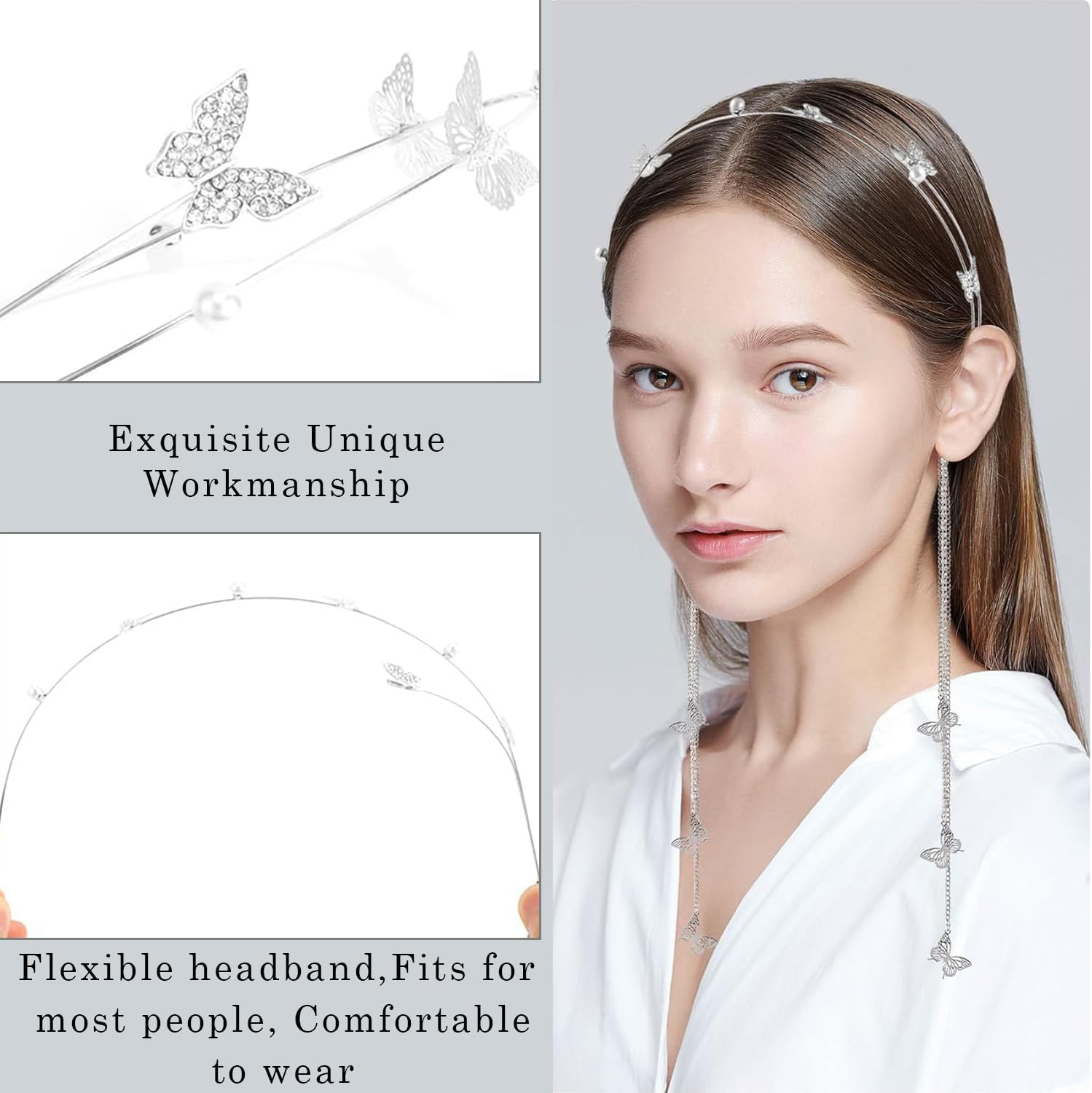 Wedding Butterfly Headband, Chain Silver Tassel Hair Hoop, Crystal Tassel Headband, Vintage Decorative Hair Hoop, Butterfly Crystal Headpiece, for Bride Girls Women image number 4