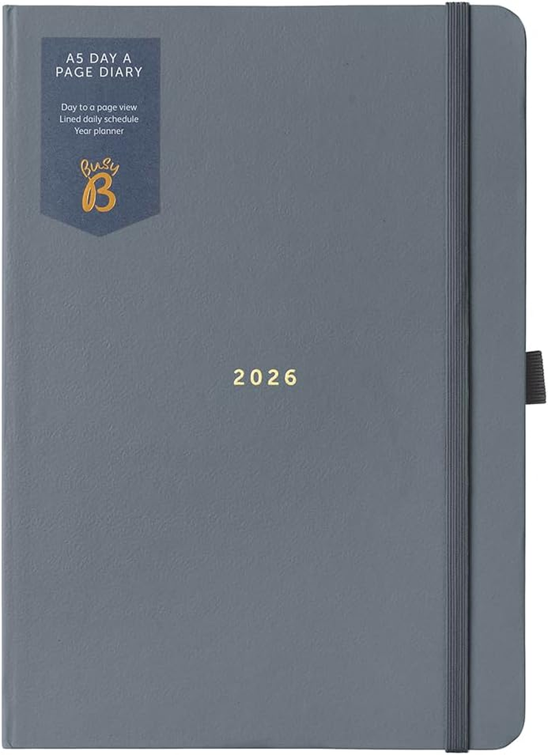 Busy B 2026 A5 Diary Day-A-Page Planner for Students, Professionals & Teachers - Navy Spray Print with Gold Foil, Jan - Dec, Elastic Closure & Ribbon Marker - Organizer for Desk or Handbag