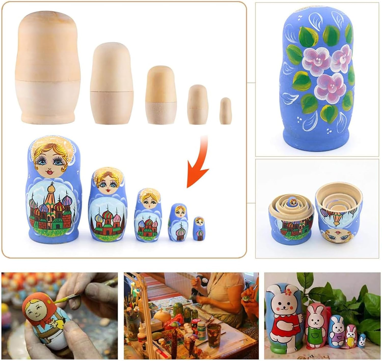TOYANDONA 3 Sets Unpainted Russian Nesting Doll Blank Wooden Matryoshka Stacking Toy Make Your Own Doll for Christmas Kids Birthday Gift Home Decoration image number 1