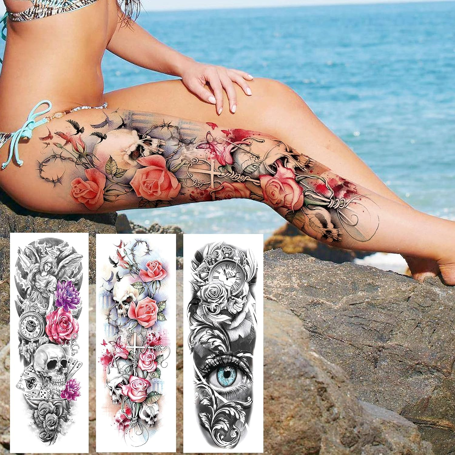 11 Sheets NEZAR Large Vine Peony Flower Rose Full Arm Temporary Tattoos for Women Realistic Skull Skeleton Fake Temporary Tattoo Sleeves Stickers Waterproof Leg Makeup Floral Blossom Tatoos Paper Eye image number 3