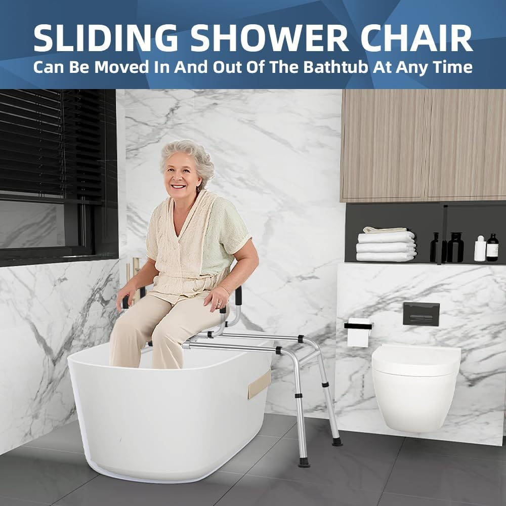 Eldhilfe Sliding Shower Chair with 360 Degree Swivel Seat Adjustable Tub Transfer Bench for Elderly, Disabled, and Bath Safety，Durable Design for Easy Showering