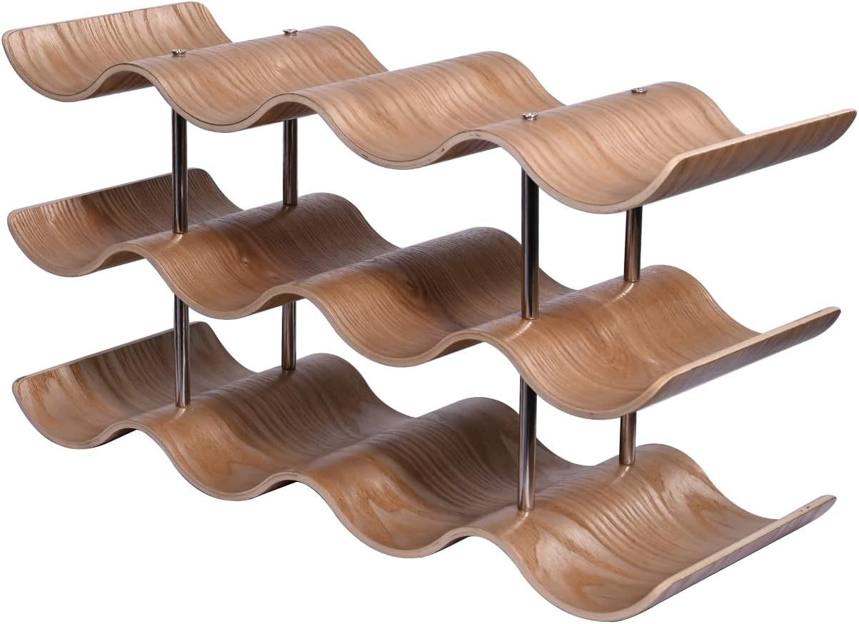 Mosegor Wooden Wine Rack Holds 12 Bottles of Wine，3-Tiers/4-Tiers Wine Bottle Holder Countertop Wave Wine Storage Rack for Home Bar Accessories (3-Tiers) image number 4