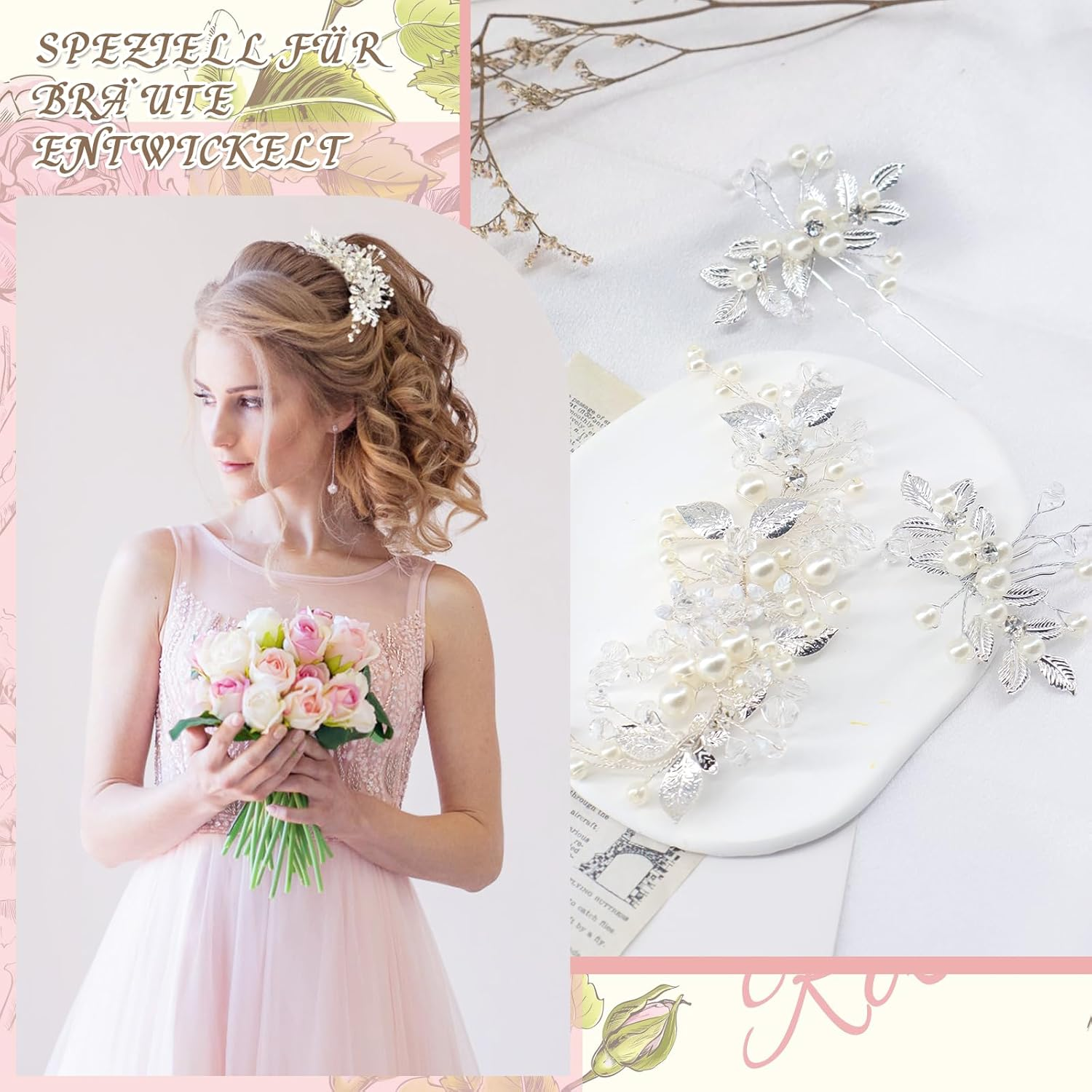 ZOCONE Bridal Flower Hair Accessories Silver Crystal Headband Flower Leaf Headpiece Pearl Hair Accessories Bridal Hair Pins Hair Pins Wedding for Women and Girls Bridal Hairstyle (B) image number 5