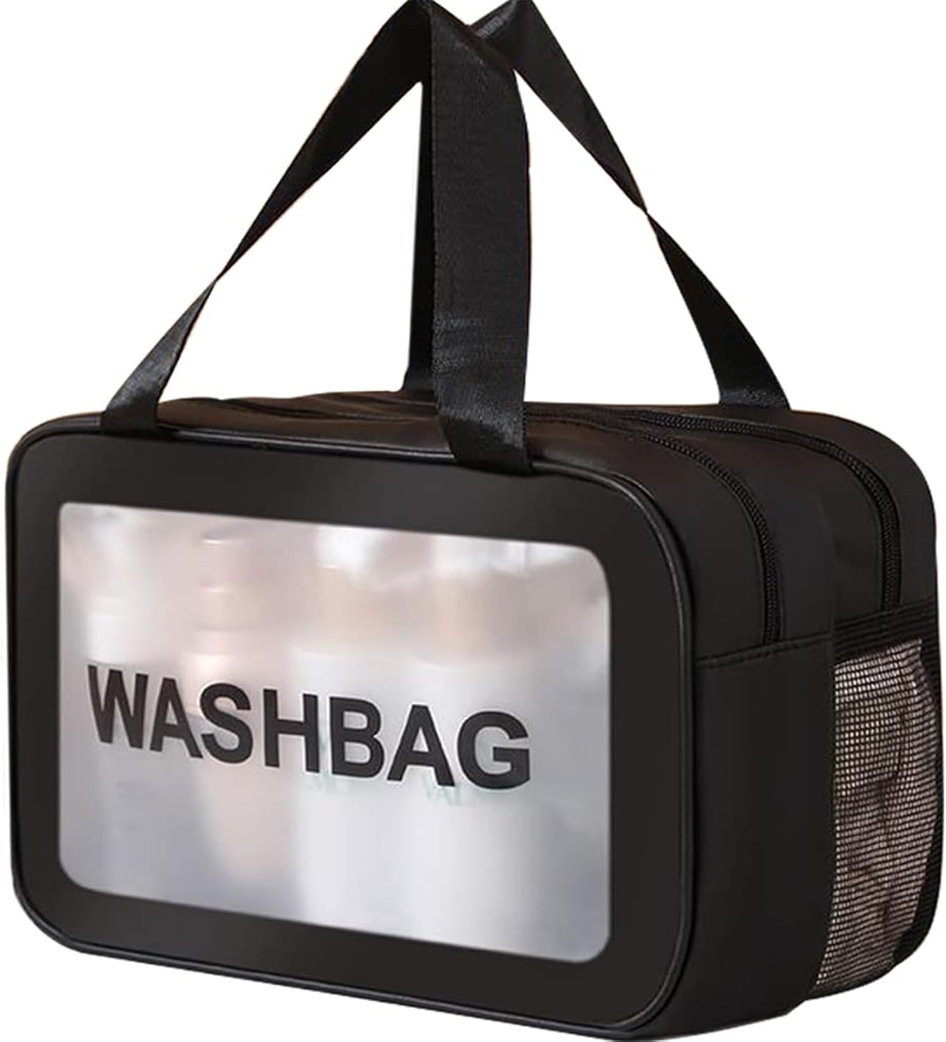 QAUARUMSUN Travel Toiletry Bag, Large Clear Makeup Bags, 2 in 1 Cosmetics Bag, Transparent Skin Care Bag for Toiletries,Waterproof PVC Thickened Wash Bag for Women Men(Black)