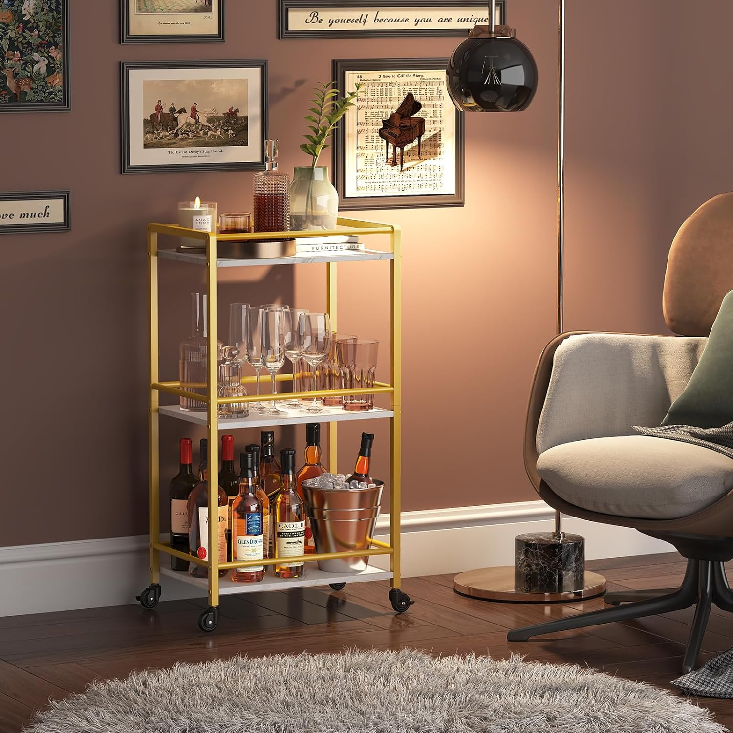 Lifewit Bar Cart for the Home, 3 Tier Small Rolling Wine Cart, Drink Serving Cart with Lockable Wheels, Mini Liquor Utility Cart for Kitchen Dining Living Room, 17" X 11.8" X 32.1", Gold image number 2