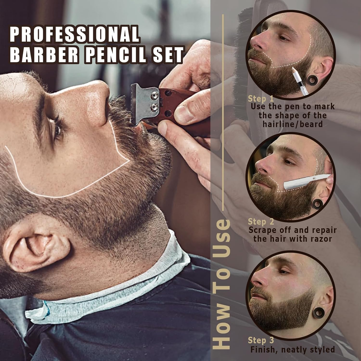 Noerrors Hairdresser Pencil Set for Beard Shaping Guide Pen 12 Pieces Magic Hairline Pencils with Sharpener Hairdressing Chalk White Black Dark Brown Light Brown for Men Makeup