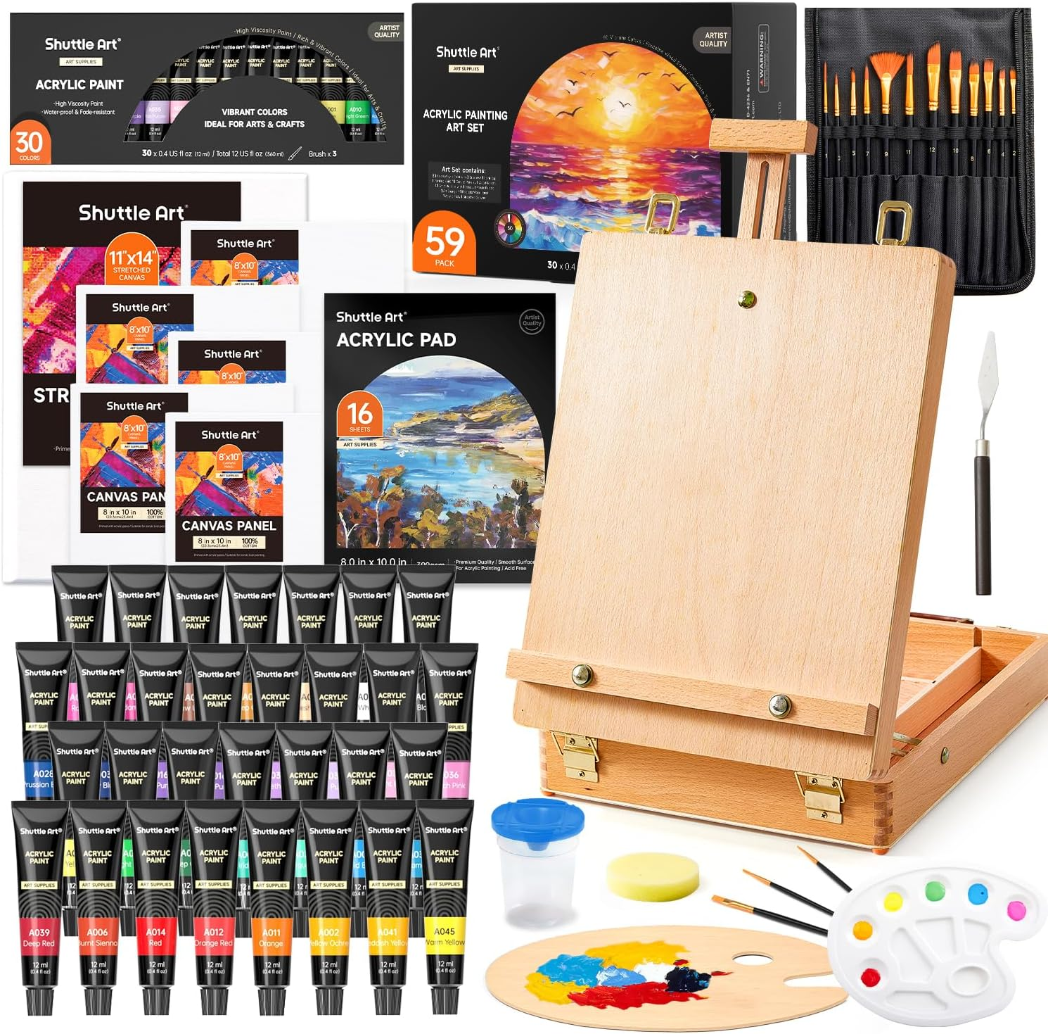 Shuttle Art Acrylic Paint Set, 59 Pack Professional Painting Supplies with Wood Tabletop Easel, 30 Colours Acrylic Paint, Canvas, Brushes, Palette, Complete Paint Sets for Adults, Kids, Artists image number 5