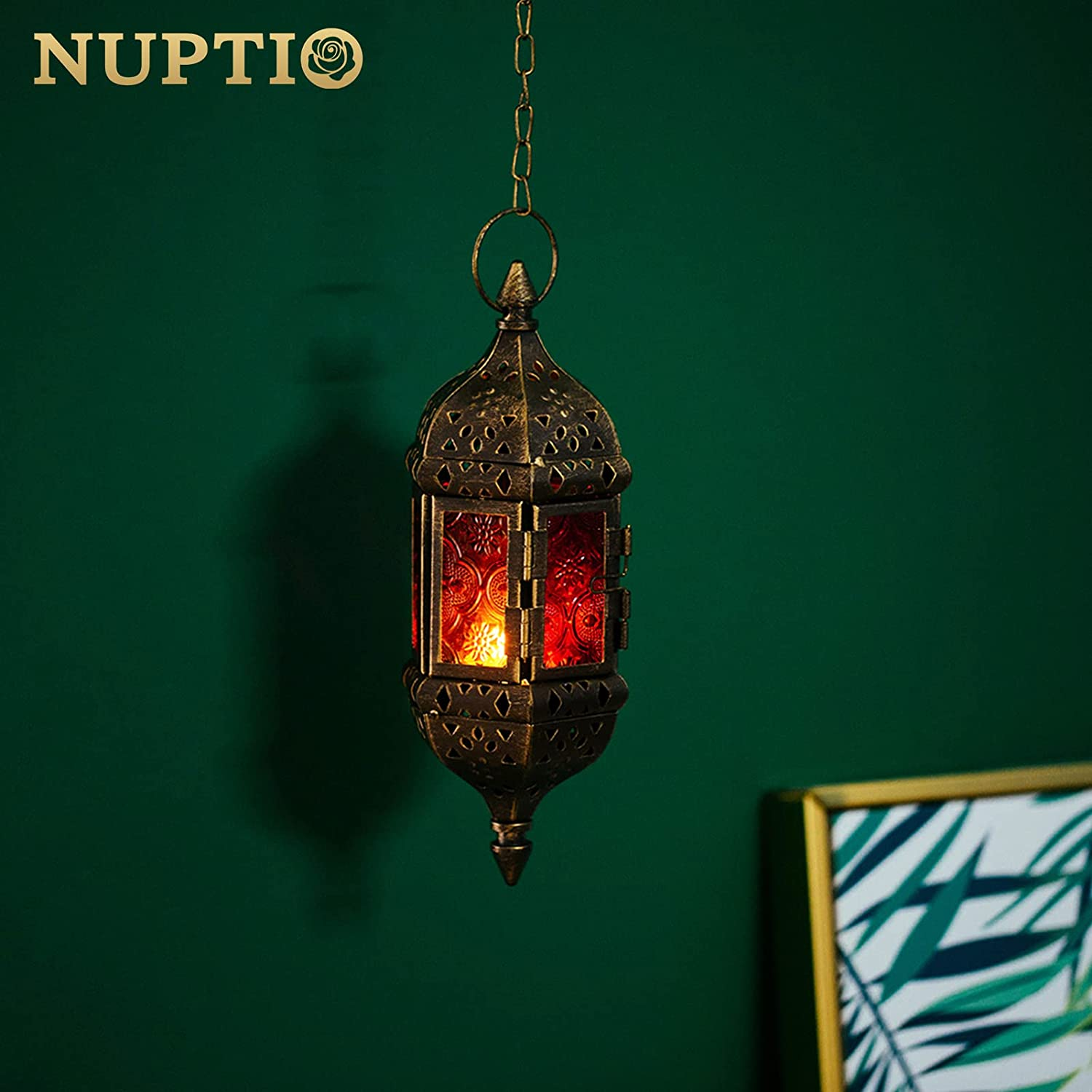 2 Pcs Hanging Hexagon Decorative Moroccan Candle Lantern Holders, Handmade Hanging Tea Light Holder in Bronze Metal & Red & Purple Glass Gift & Decor Items image number 5