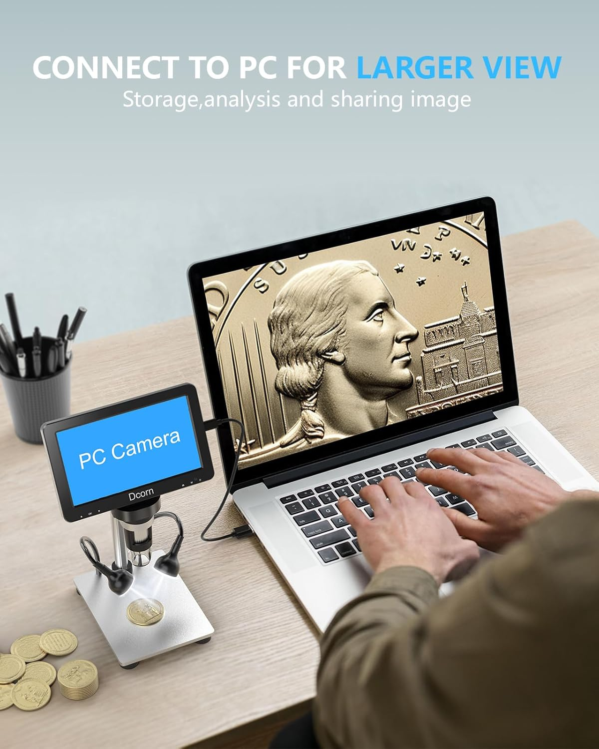 7'' Digital Microscope 1200X,Dcorn 12MP 1080P Photo/Video Microscope for Adults Soldering Coins,Metal Stand,Wired Remote,10 LED Fill Lights,Pc View,Windows/Mac Compatible image number 5