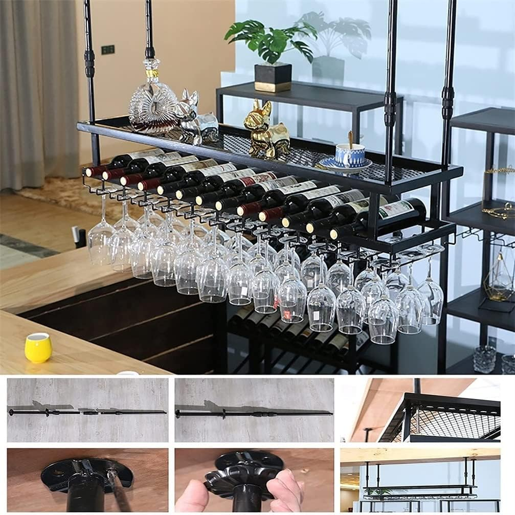 Wine Rack with Shelf Ceiling Shelf Hanging Wine Glass Rack 2 Tier Industrial Wine Rack Floating Bar Shelves for Bottles (Color : Black, Size : 120 * 30Cm) image number 1