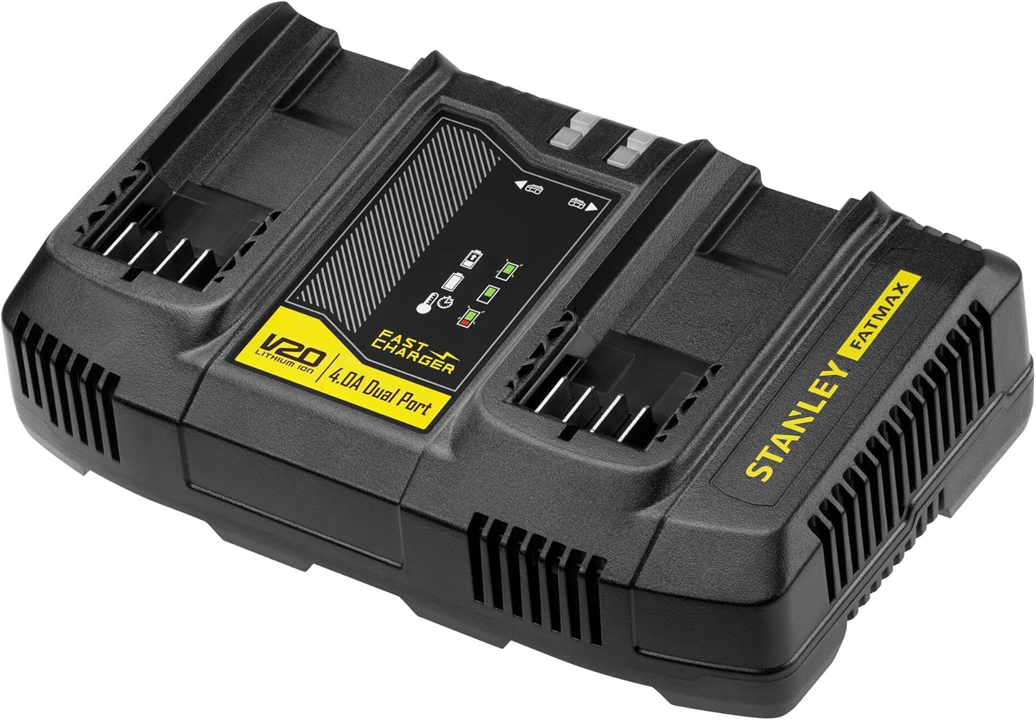 STANLEY FATMAX V20 | 18V 4A Dual Port Battery Fast Charger - Simultaneous Charging, Charges 2X4.0Ah Packs in 30 Minutes, USB Charger for Phones and Tablets image number 1