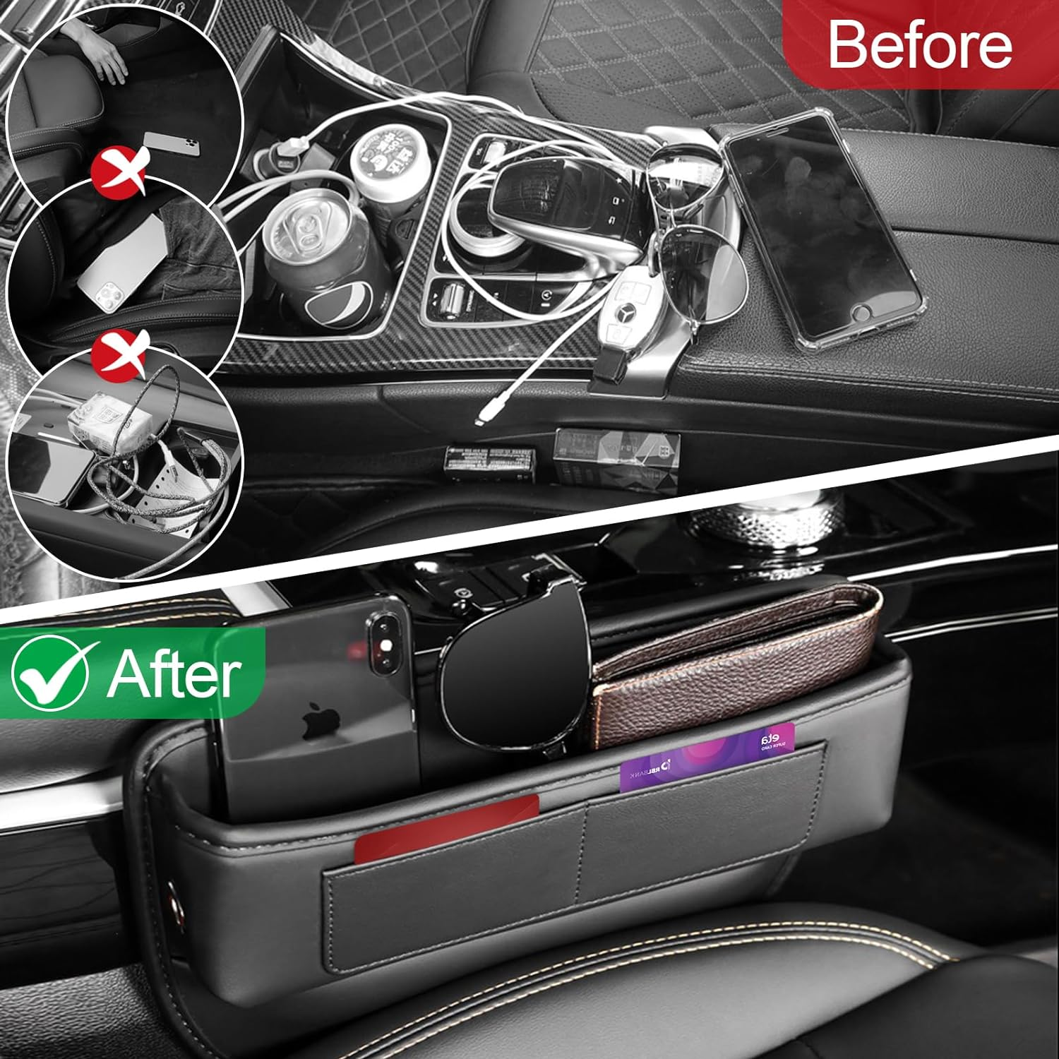 Car Seat Gap Filler, 2 Pack Universal Organizer Front Seat Leather Accessories Essentials for SUV Truck, Adjustable Universal Fit (Black)