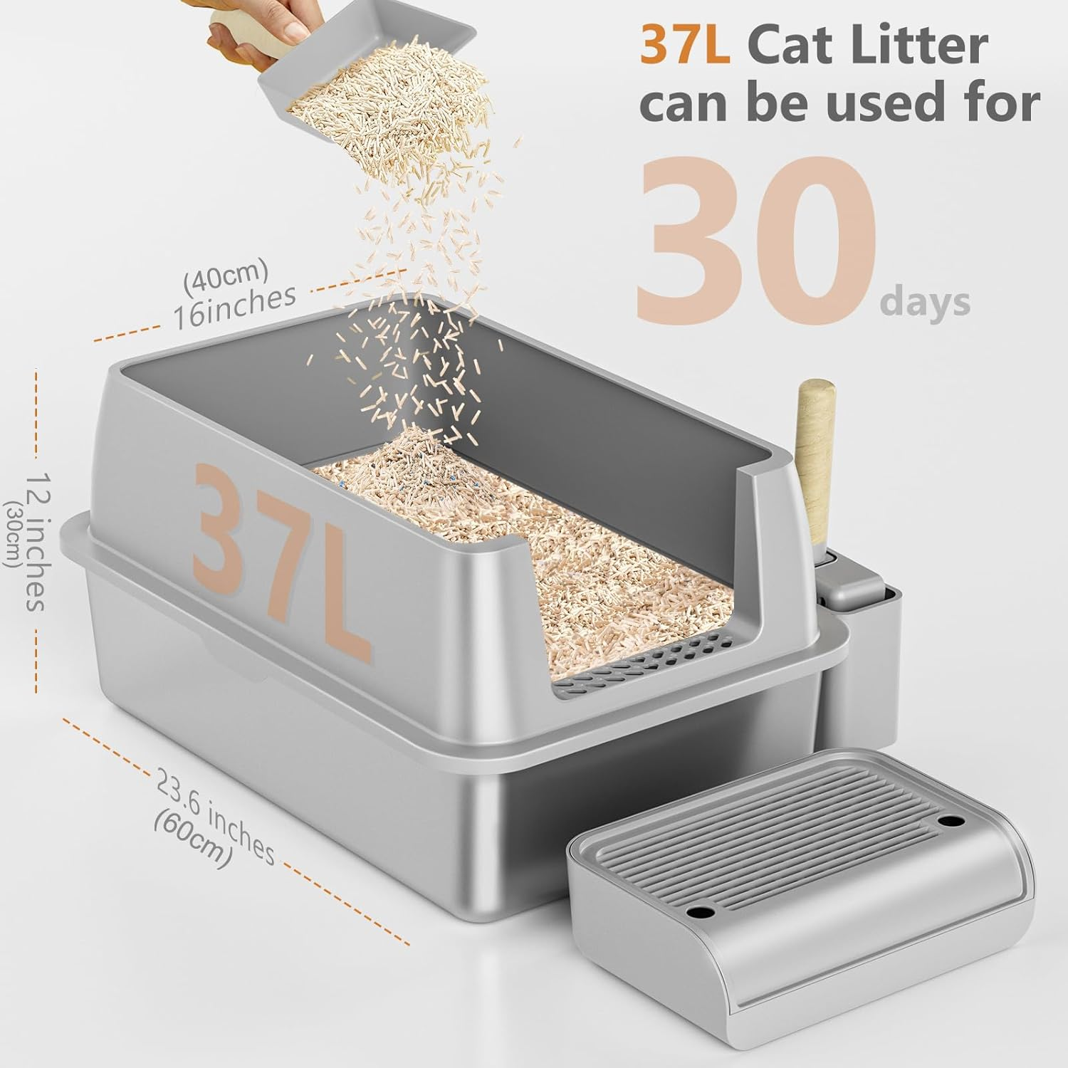 SIMTWO Stainless Steel Litter Box with Lid 60X40X40Cm, XXL Cat Litter Box for Big Cats, Enclosed Removable Metal Litter Box with High Sided Enclosure & Scoop image number 3