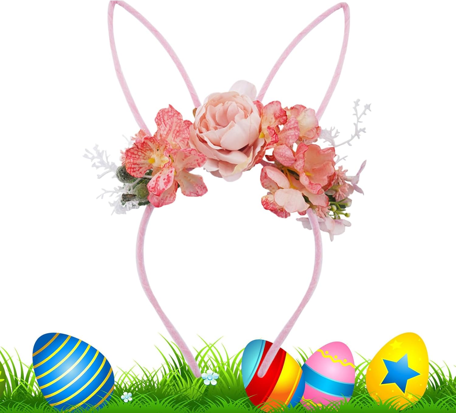 Bunny Ears Headbands - Costumes Hairband with Flowers,Easter Headbands for Girls - for Costume Kids Christmas Halloween Party Valentine'S Day Women image number 3