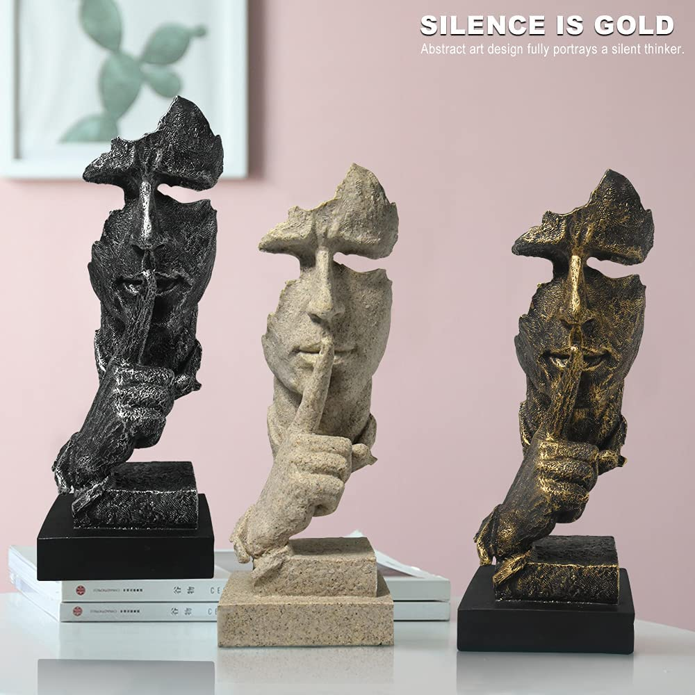 Thinker Statue - Silence Is Gold Modern Decor Creative Abstract Art Figurine Resin Sculptures Decoration Room Home Study Office Figurines for Desktop Shelf Table Ornament (Bronze)