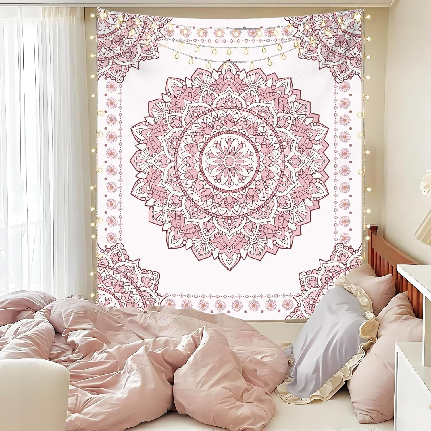 Boho Pink Mandala Wall Tapestry for Bedroom, White and Pink Aesthetic Tapestry Room Decor for Teen Girls, Art Floral Wall Hanging for College Dorm (51''X60'') image number 4