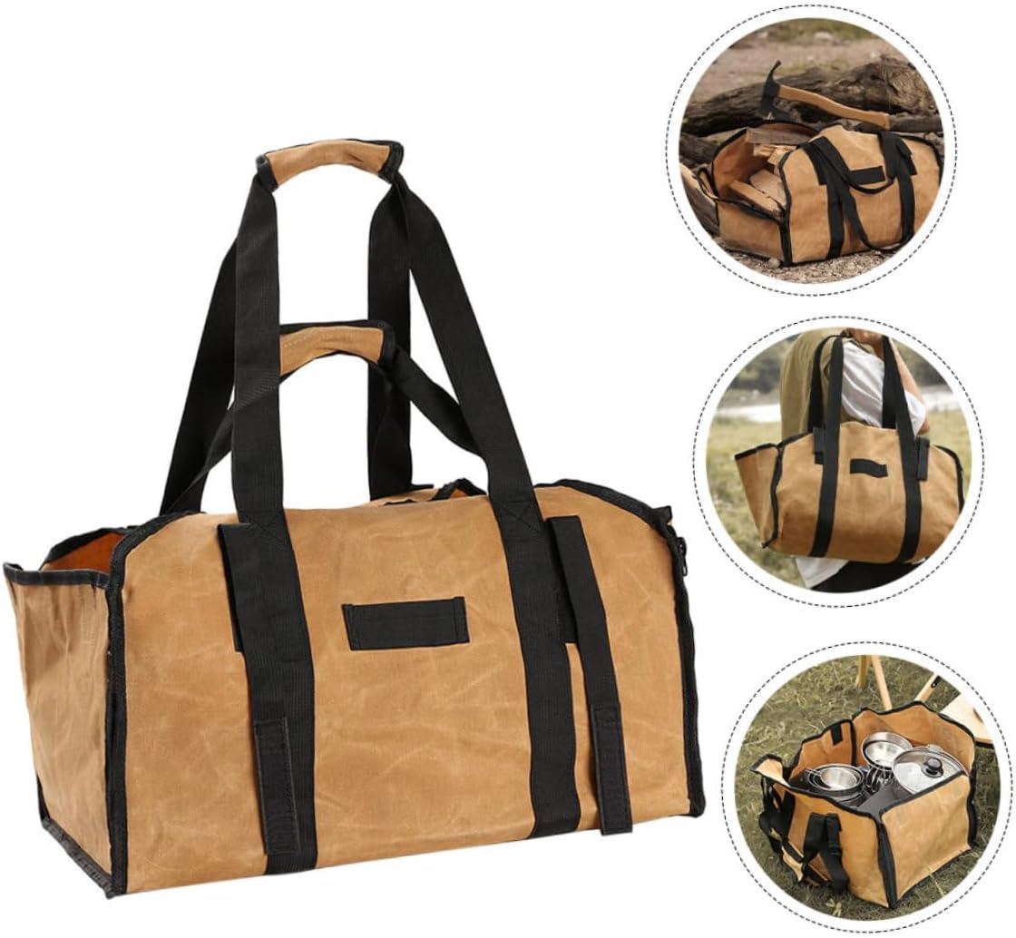 Large Canvas Firewood Storage Bag with Handle Strap Log Carrier Tote for Camping Fireplace Garden Tools and Picnic Organizer Khaki Outdoor Wood Tote image number 1