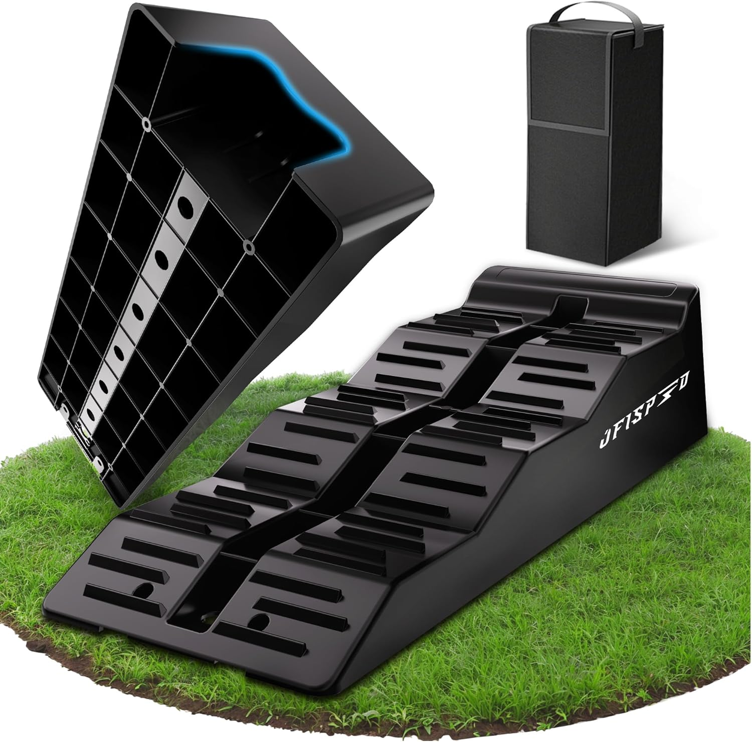 RV Leveling Blocks Ramp Kit, 2 Packs Camper Leveler System for Travel with Two Chocks, 2 Anti-Slip Mats, 1T Bubble Level and Carry Bag, up to 35000 LBS, Easier & Faster to Level Camper-Orange