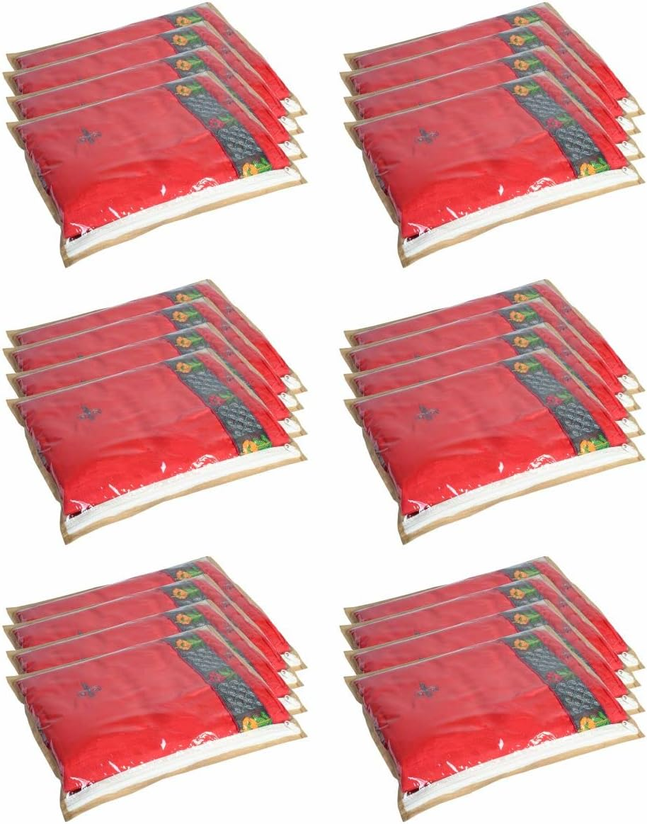 Homestrap Set of 24 Single Saree Covers | Transparent Top, Foldable & Zip Closure | Clothes Storage Bag & Wardrobe Organizer | Dust & Moisture Resistant Organizers |Red,Polypropylene