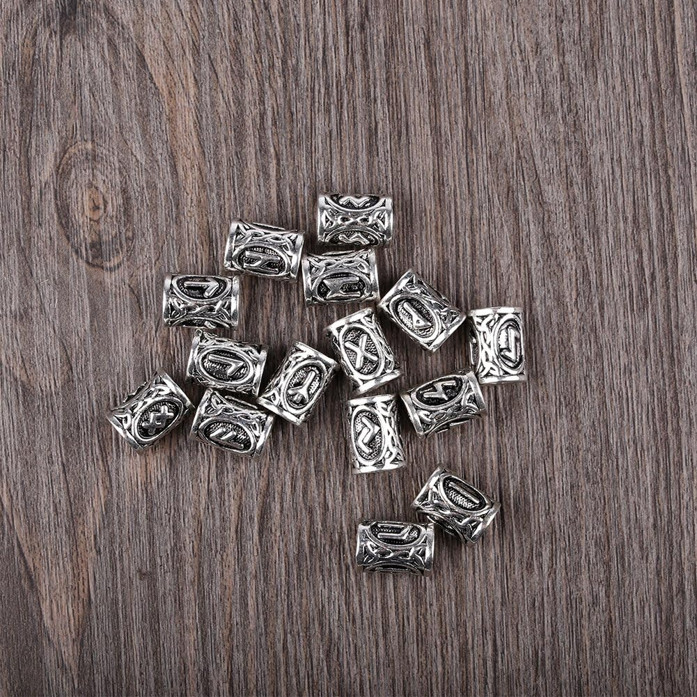 24Pcs Norse Vikings Runes Hair and Beard Beads for Bracelets, Pendant Necklace DIY - Antique Silver Viking Braiding Beads Kit with 2Pcs Pull Hair Pin