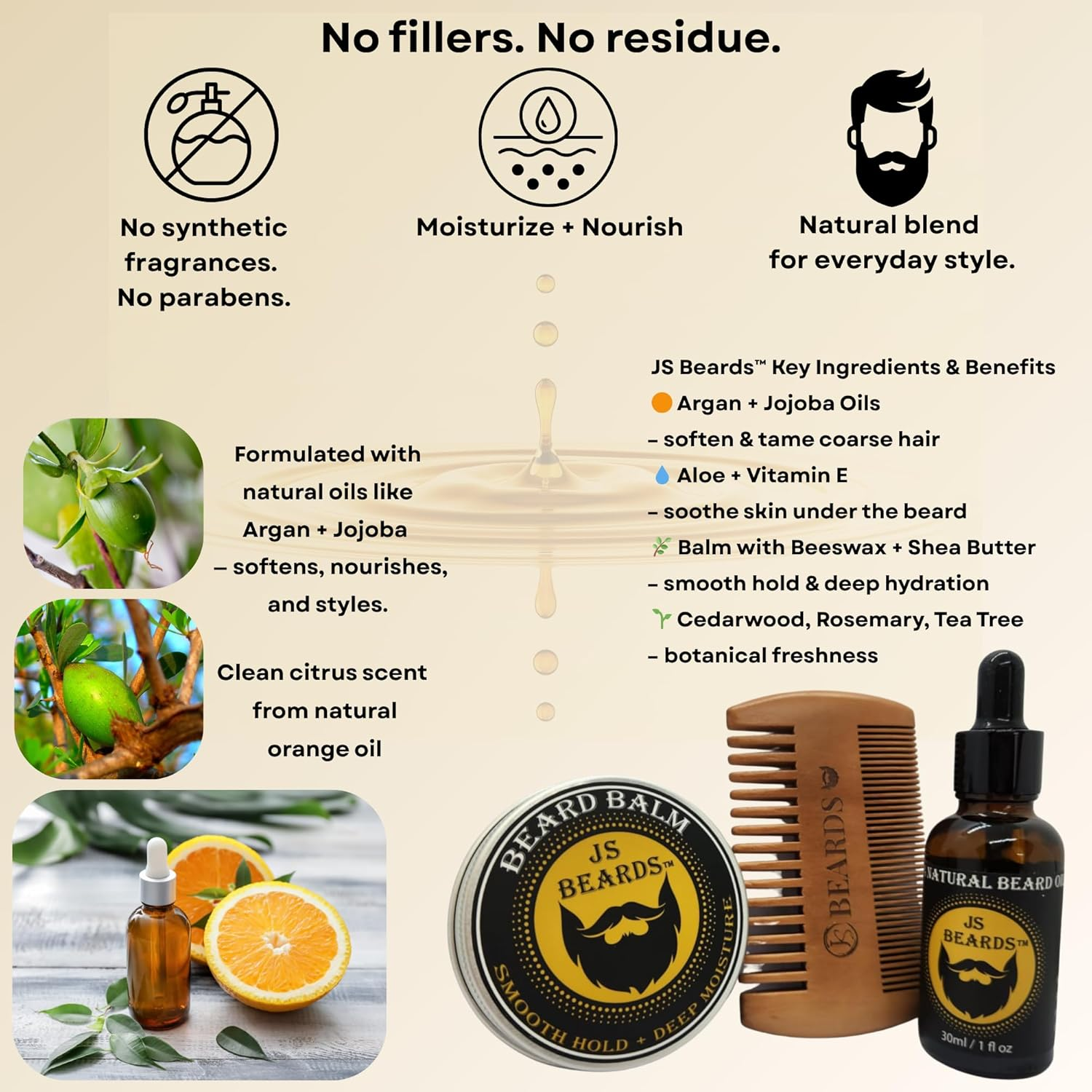 JS Beards All Natural Beard Care Collection 4Pc Grooming Kit &ndash; Oil, Balm, Pearwood Comb, & Jute Storage Pouch &ndash; Men&rsquo;S Gift - No Parabens No Silicone - by Jane Sweetpea image number 5