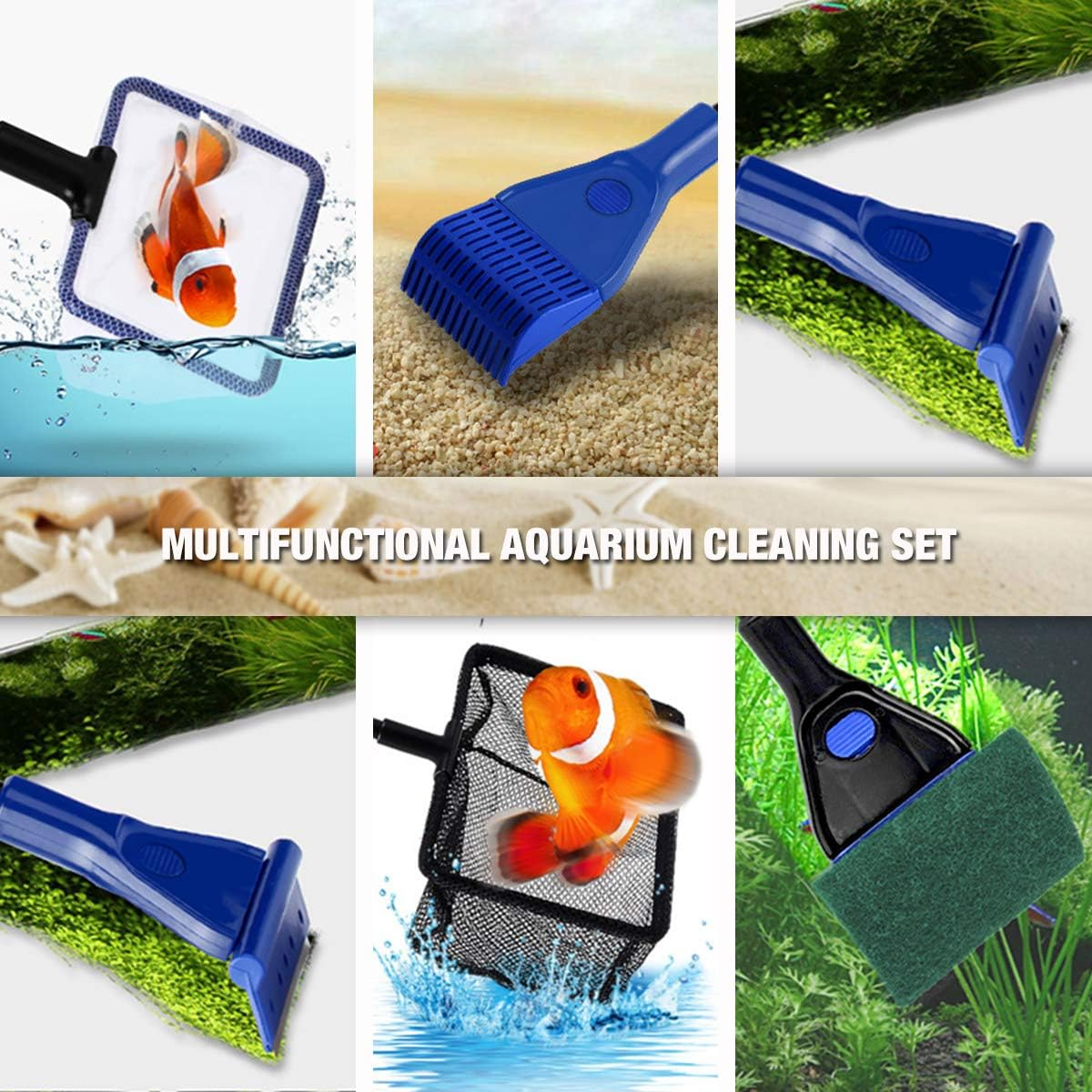 6 in 1 Aquarium Glass Tank Cleaning Kit, Spoon Net, Gravel Rake, Plant Fork, Scraper, Sponge, Connector, Fish Net Tool Set, for Domestic Fish Tank Maintenance image number 4