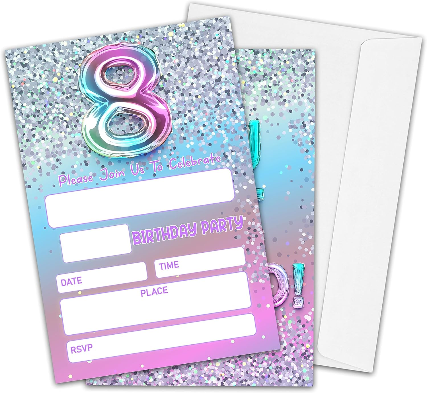 5Th Birthday Party Invitations for Girls or Boys, Silver Glitter Theme Birthday Parties Supplies Decorations, Rainbow Balloons Fill-In Invites(20 Invitations and Envelopes)-D01 image number 6