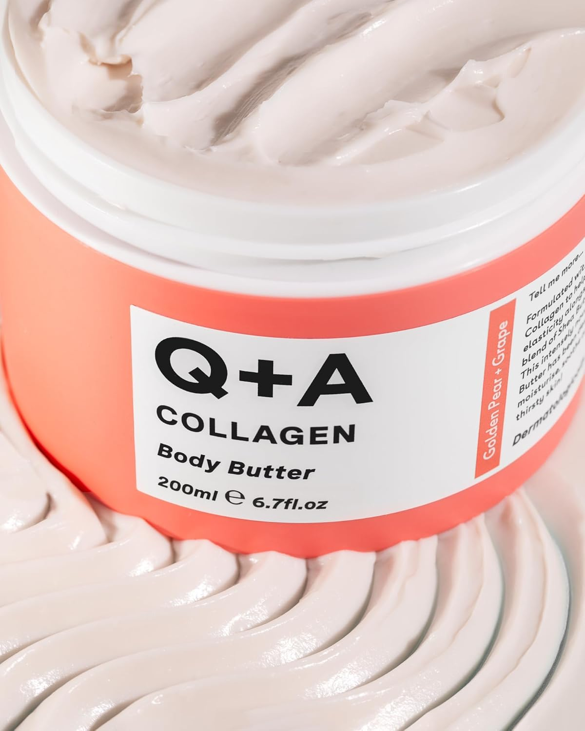 Q+A Collagen Body Butter: Luxuriously Rich, Intensely Moisturising Vegan Formula with Hydrolysed Vegetable Protein, Shea Butter, Squalane, and Golden Pear and Grape Scent for Soft, Supple Skin, 200Ml image number 1