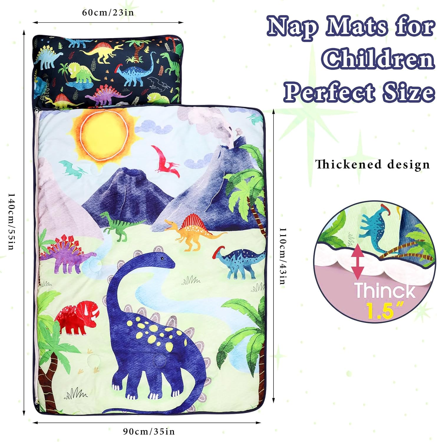 Toddler Nap Mat for Preschool, Thicken Kids Sleeping Mats with Removable Pillow and Blanket for Boys Girls, 140 X 60 Cm Extra Large Daycare Nap Mat(Dinosaur) image number 4