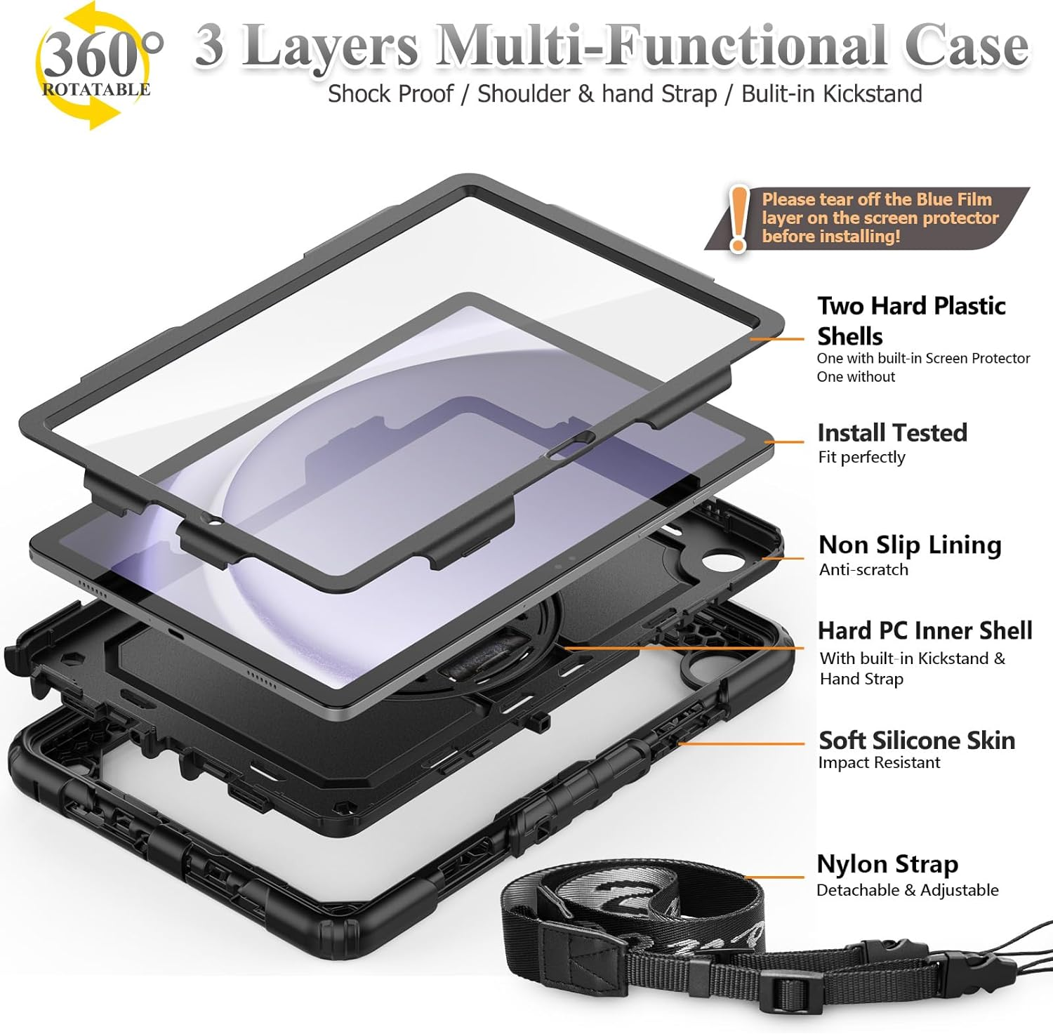 SEYMAC Stock 360&deg; Hand Strap/Stand Protective Case for Samsung Galaxy Tab A9 plus 11 Inch, Black+Black image number 1