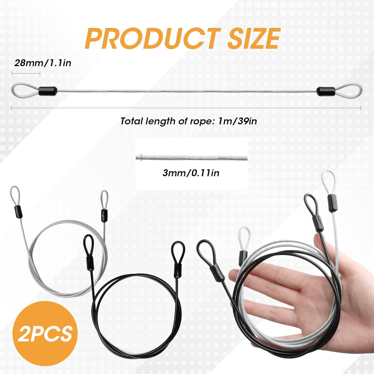 Outdoor Travel Security Cable Lock 2 Pcs (3Mm&times;100Cm/3.3Ft), Cut-Resistant Braided Steel Bike Lock with Double Loops, Anti-Theft Flexible Wire for Scooters, Luggage & Helmets &ndash; Silver & Black image number 2